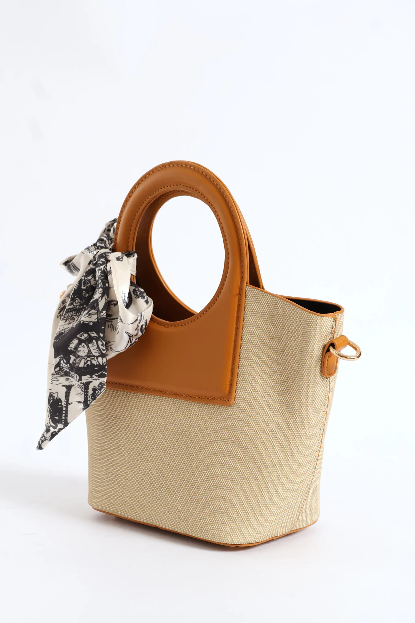 Top Handle Colour Block Bucket Crossbody Bag - Tan - Image 3