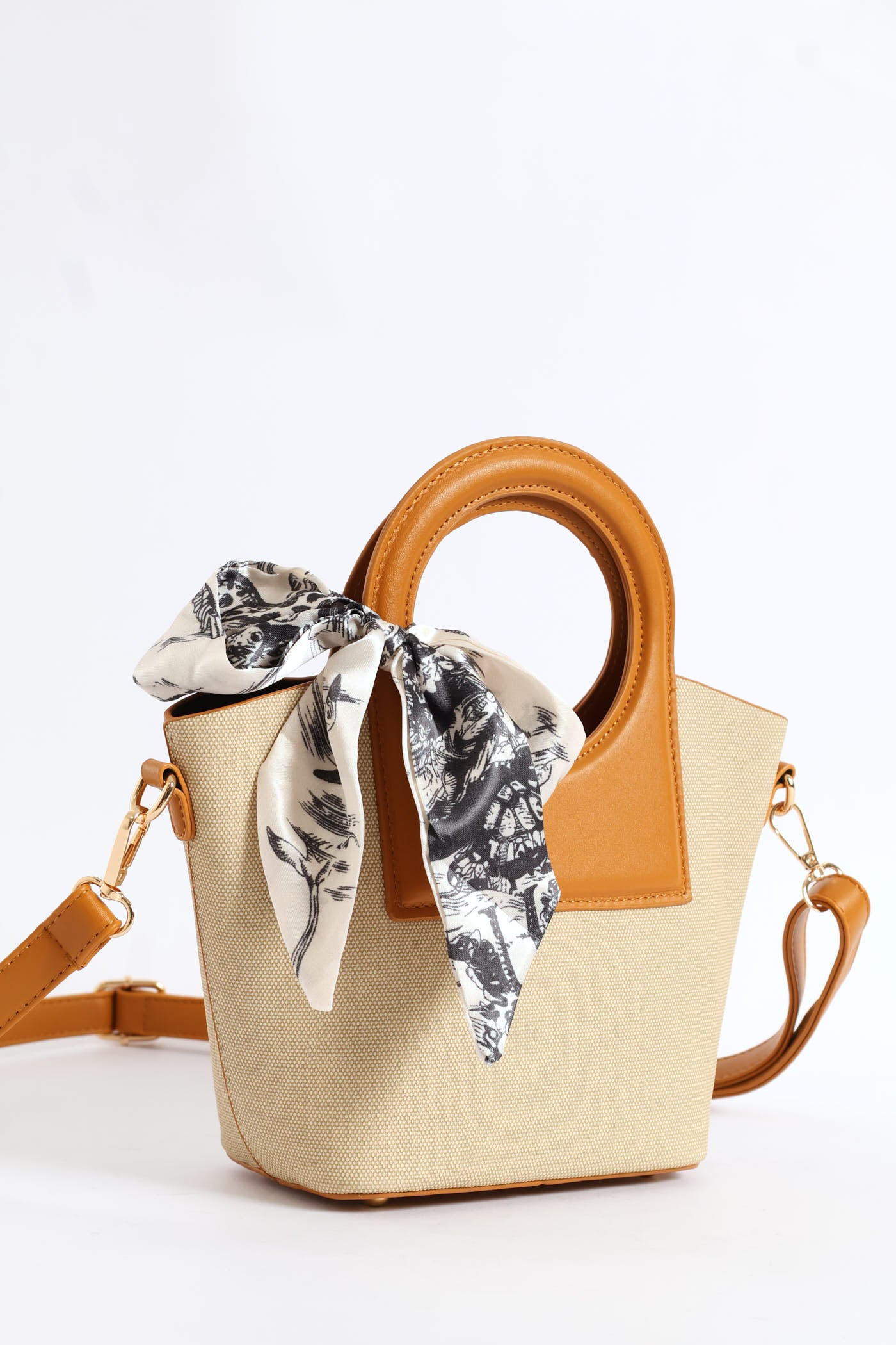 Top Handle Colour Block Bucket Crossbody Bag - Tan - Image 5