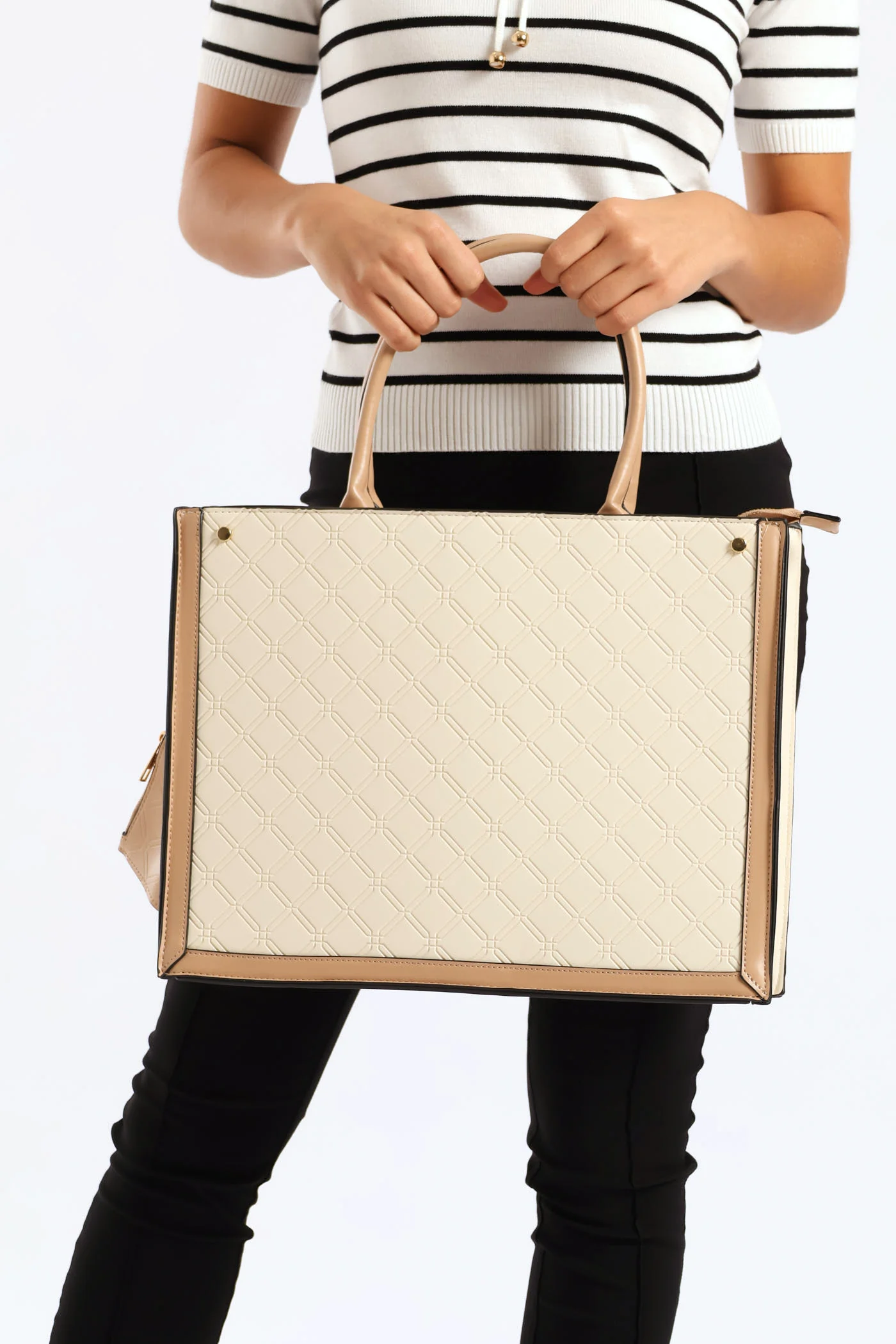 Top Handle Square Embossed Laptop Bag - Cream - Image 10