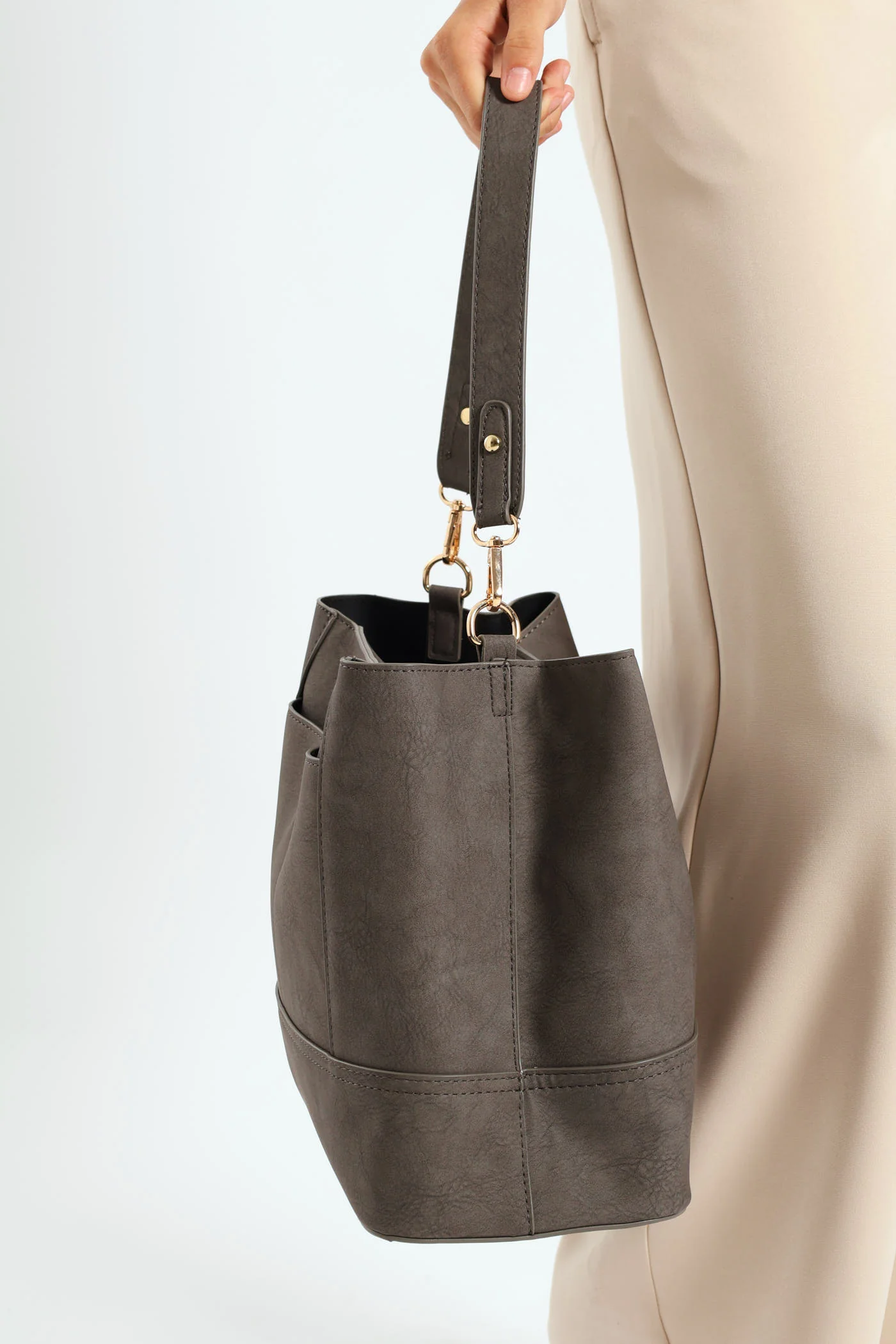 Top Stitch Detail Shopper Bag - Dark Grey - Image 2