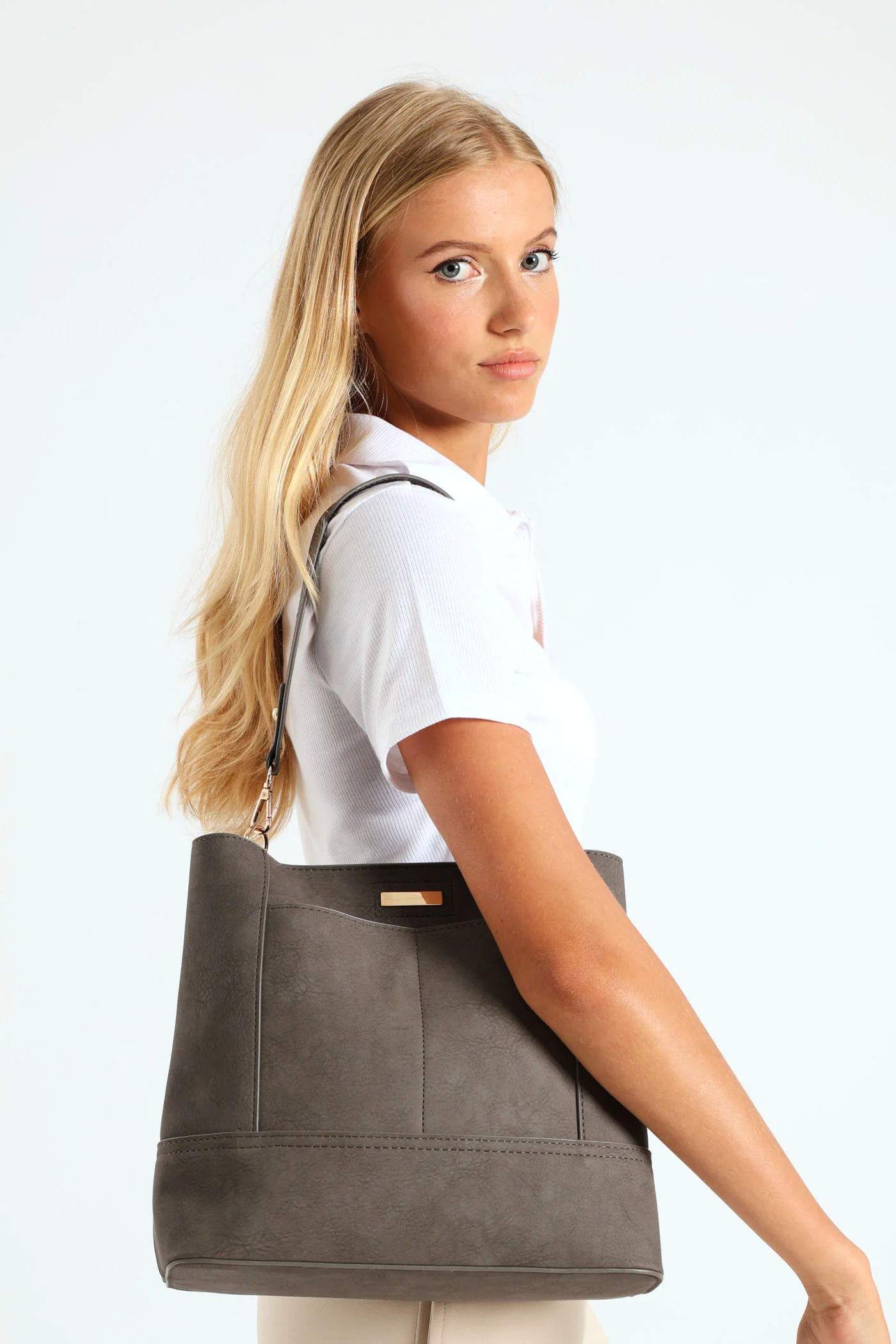 Top Stitch Detail Shopper Bag - Dark Grey - Image 4