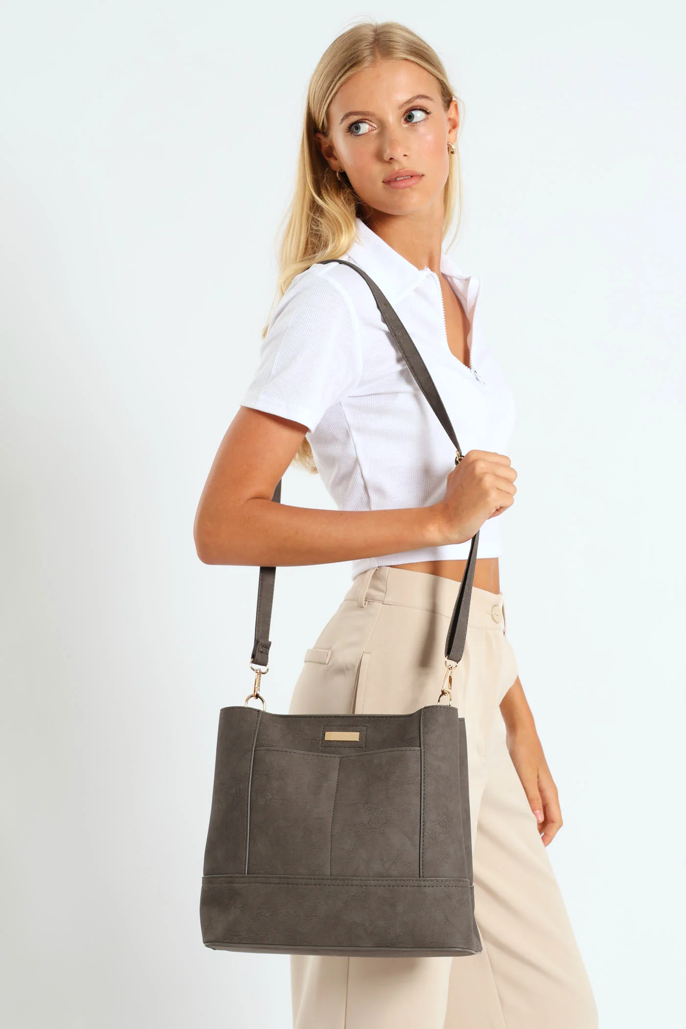 Top Stitch Detail Shopper Bag - Dark Grey - Image 5