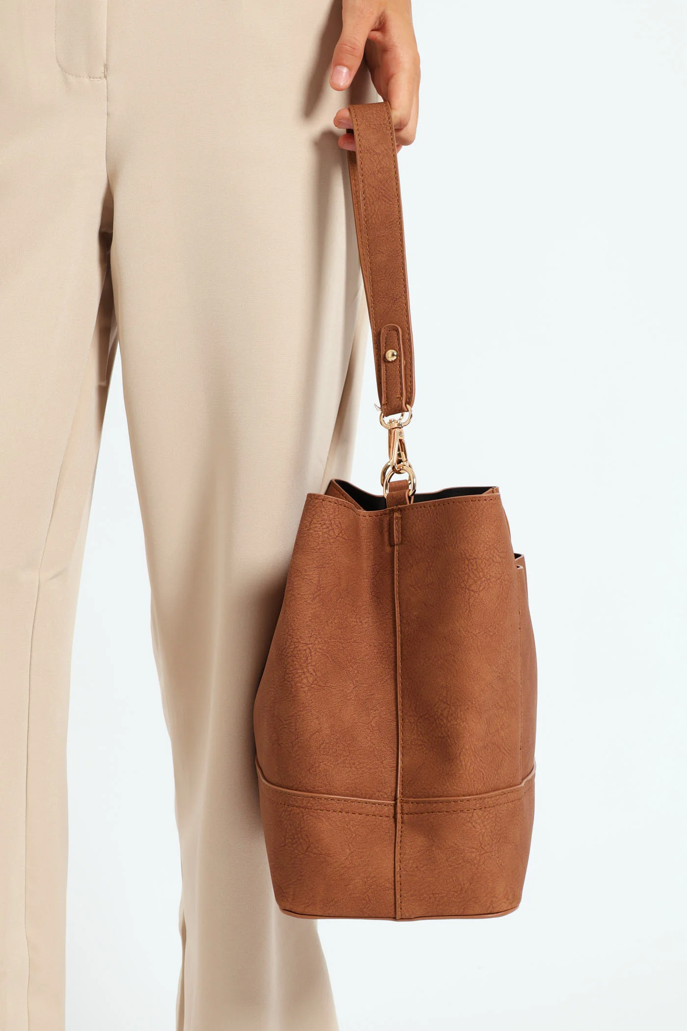 Top Stitch Detail Shopper Bag - Tan - Image 2
