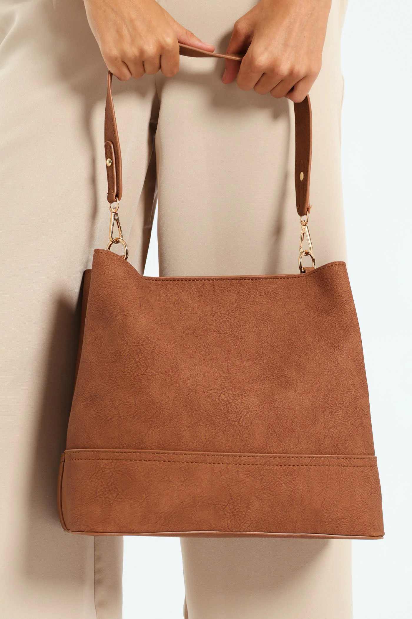 Top Stitch Detail Shopper Bag - Tan - Image 3