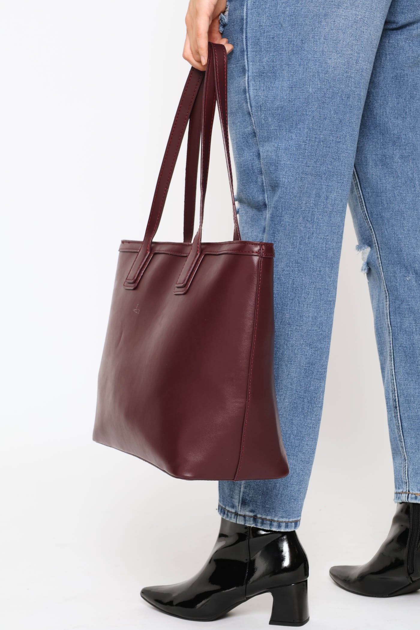 Topstich Shopper Bag - Burgundy - Image 3