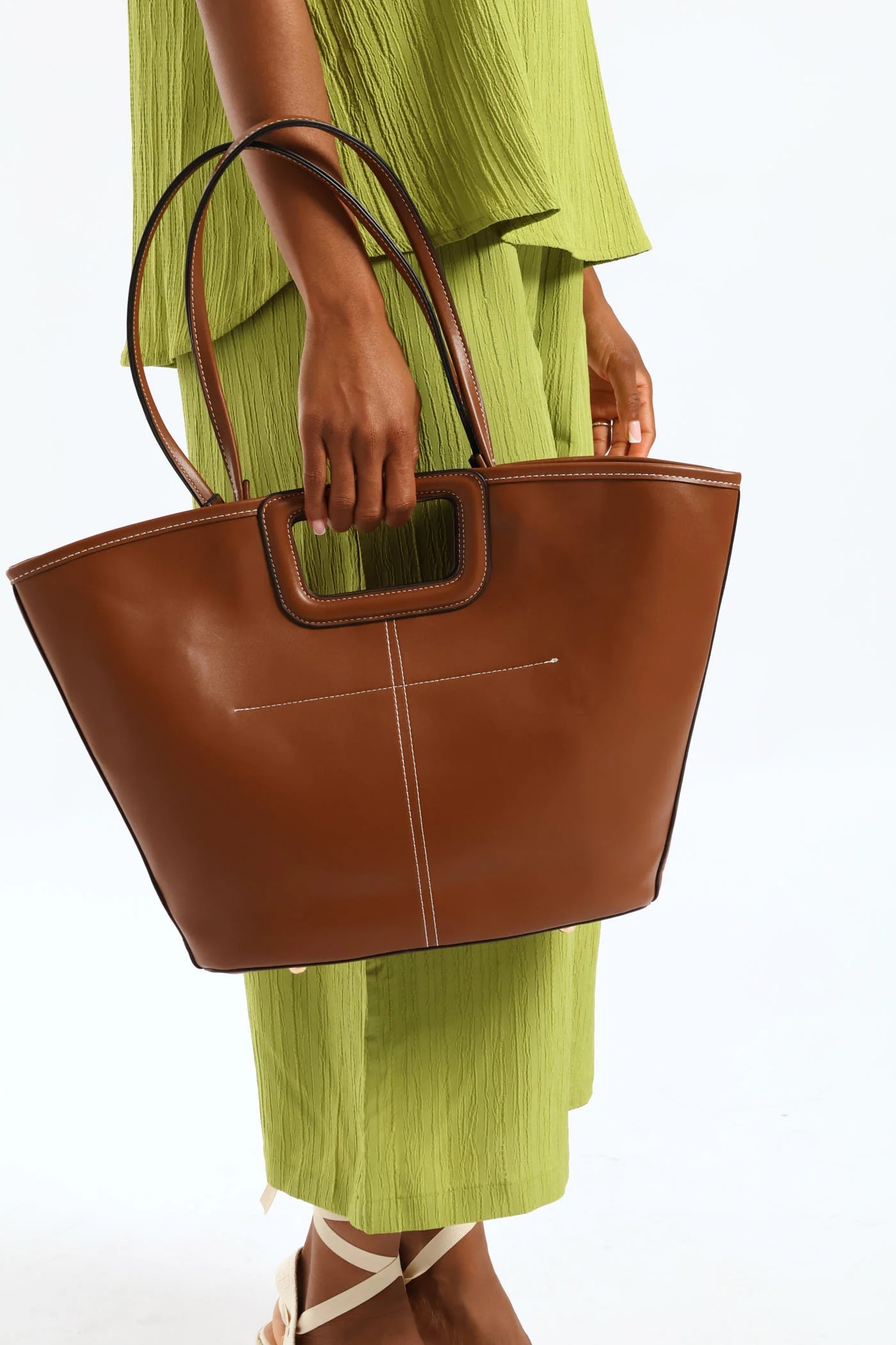 Topstitch Double Handle Shopper Bag - Tan - Image 2