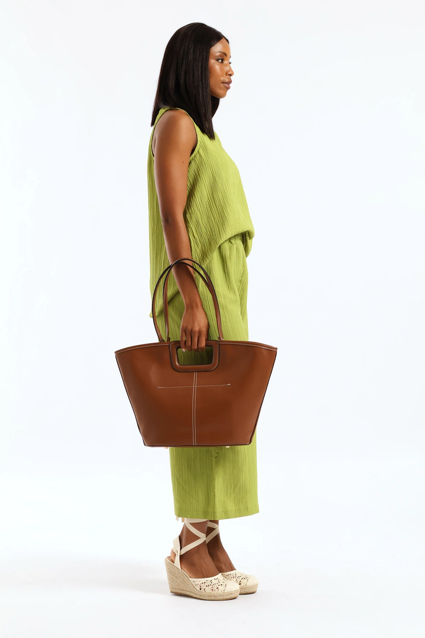 Topstitch Double Handle Shopper Bag - Tan - Image 4