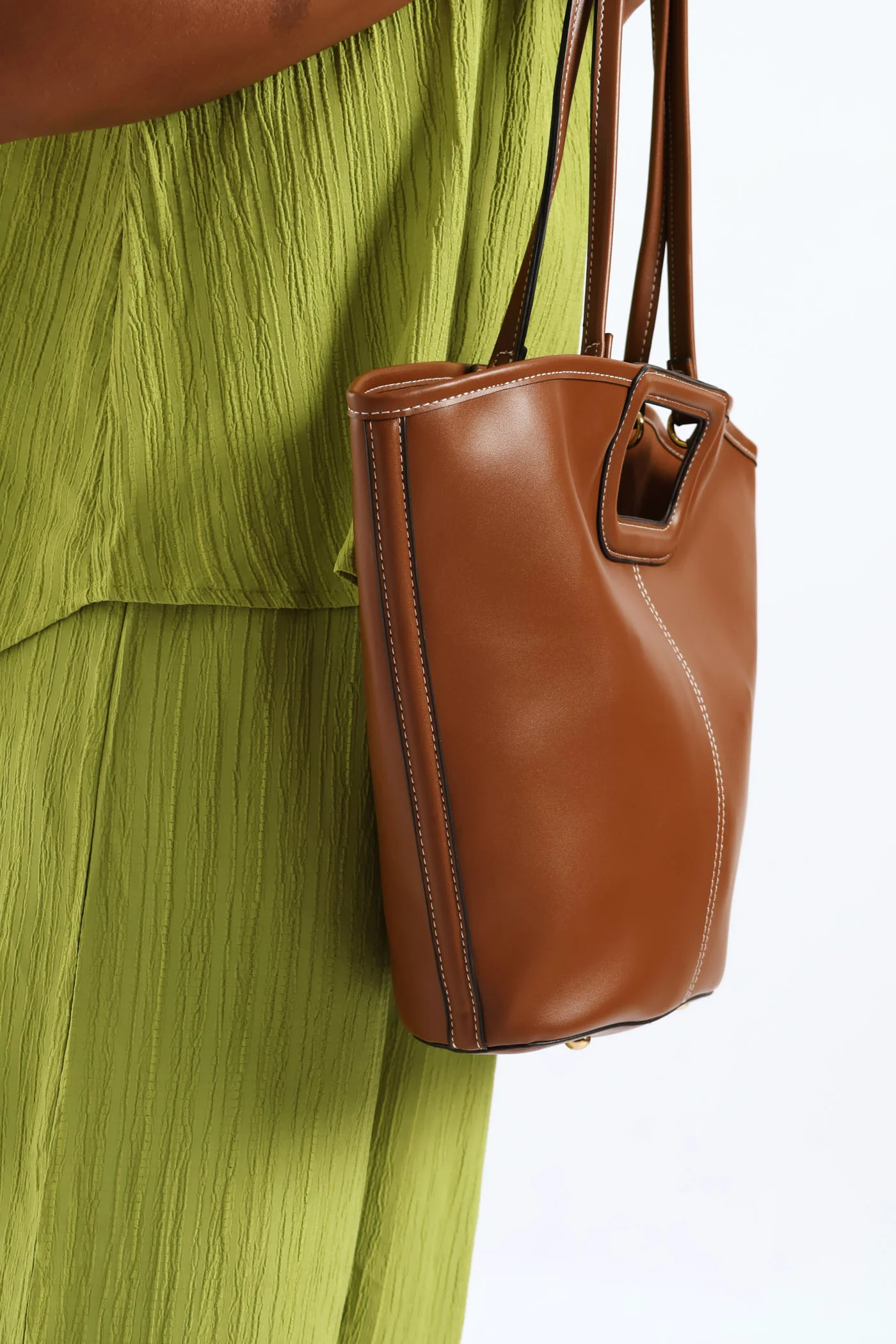 Topstitch Double Handle Shopper Bag - Tan - Image 5