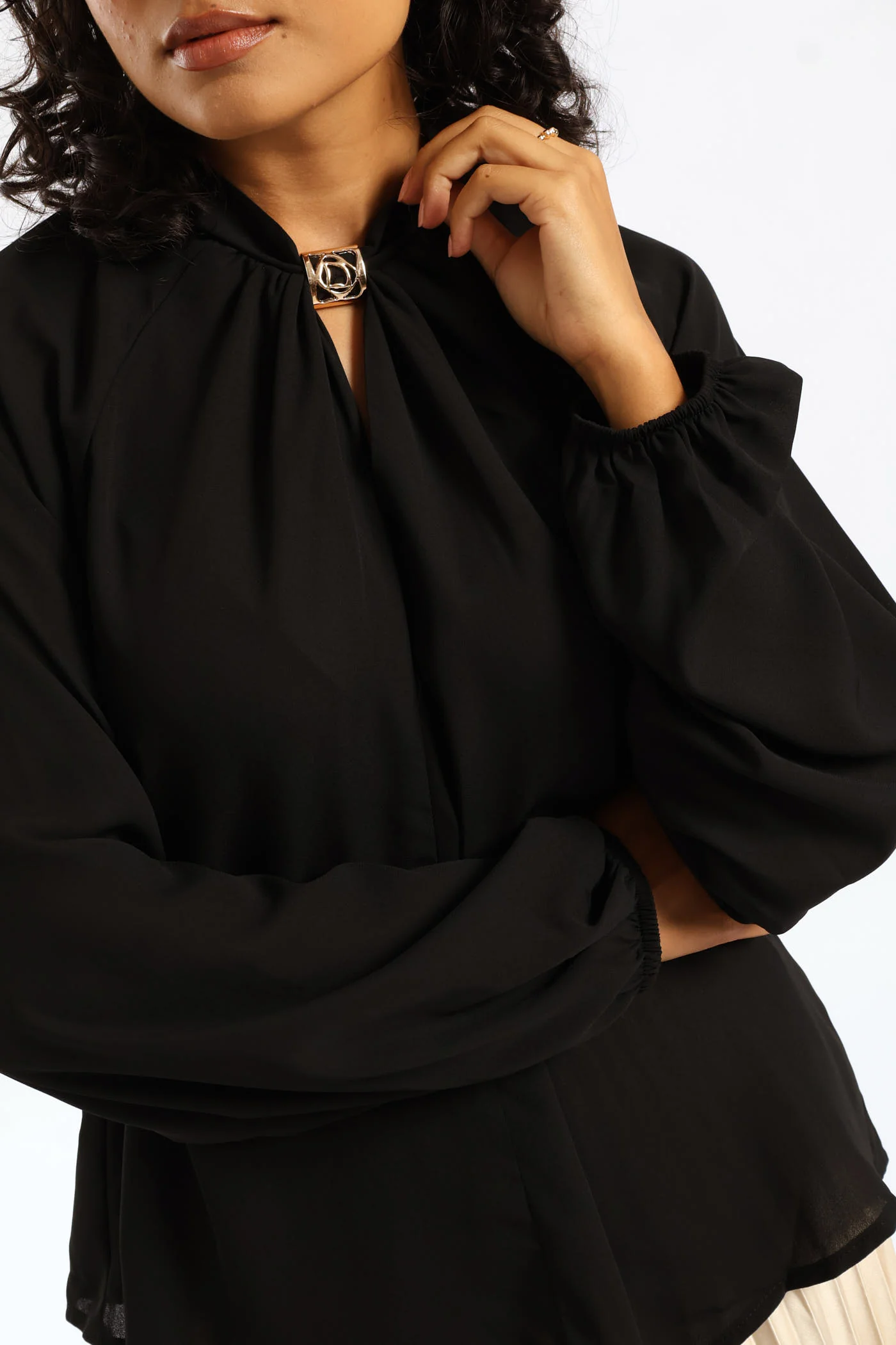 Trim Twist Neck Blouse - Black - Image 2