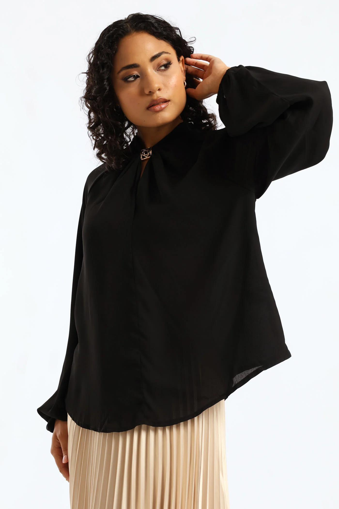 Trim Twist Neck Blouse - Black - Image 3