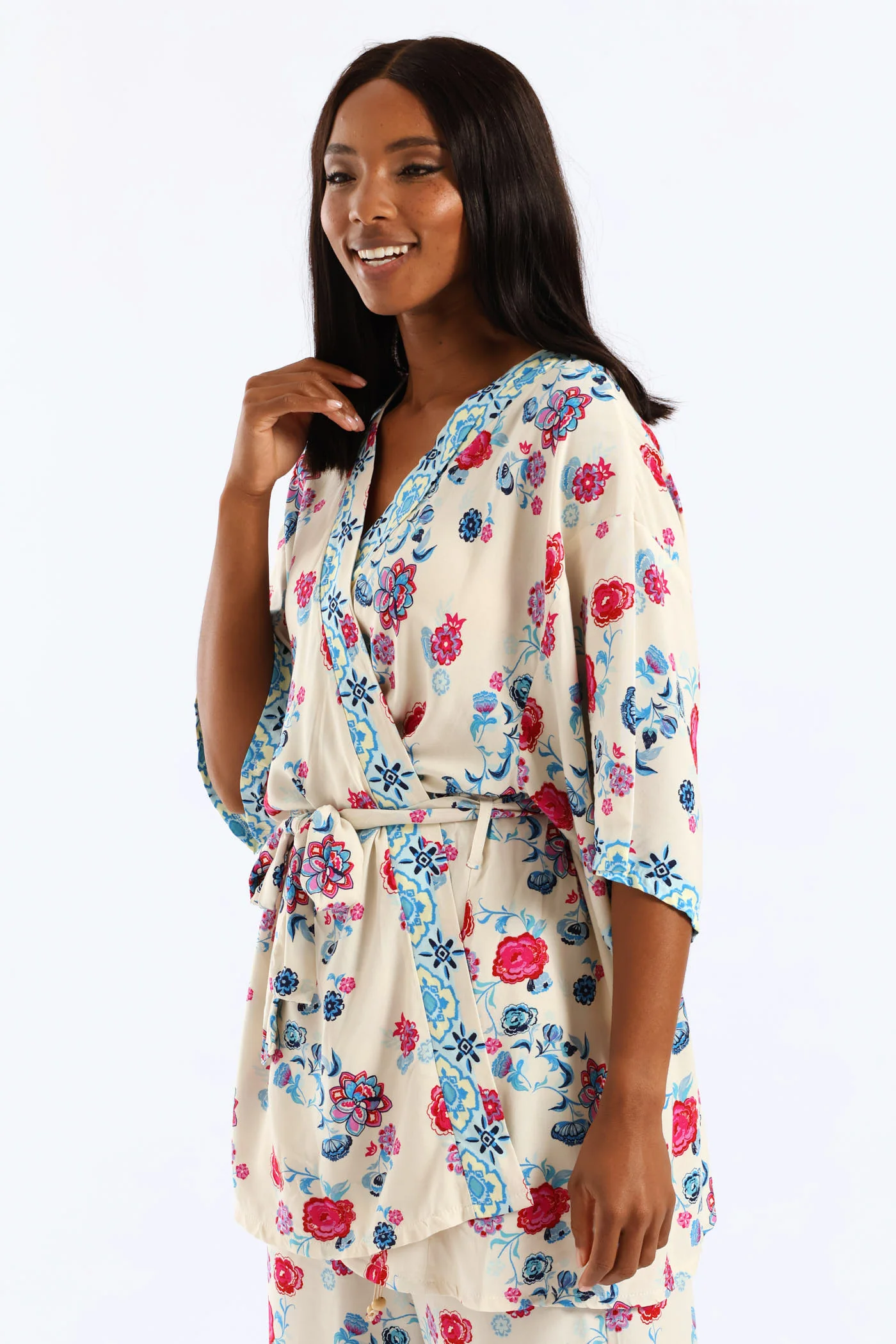 Tropical Floral Border Self Belt Kimono - Pink/Blue - Image 3
