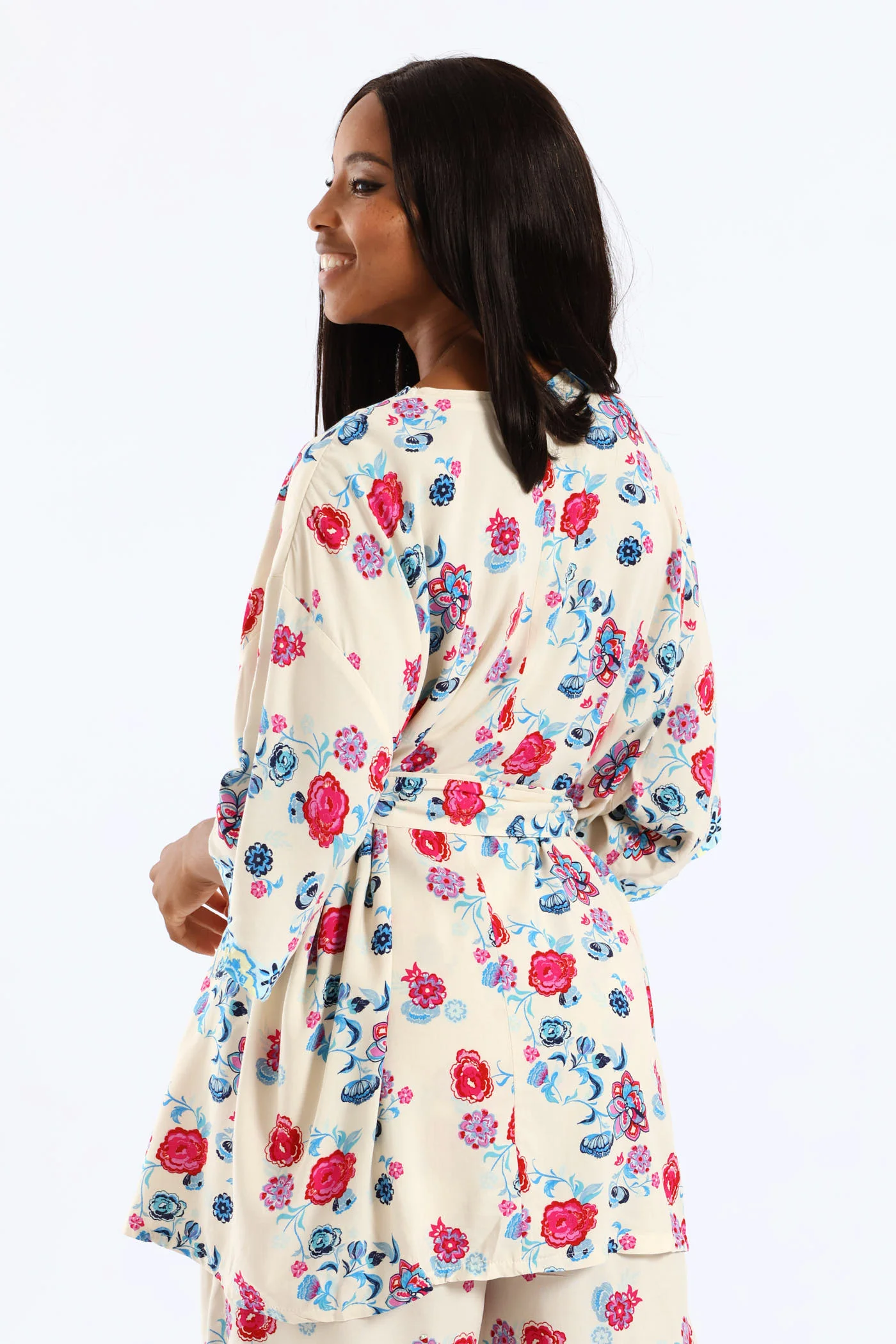 Tropical Floral Border Self Belt Kimono - Pink/Blue - Image 5