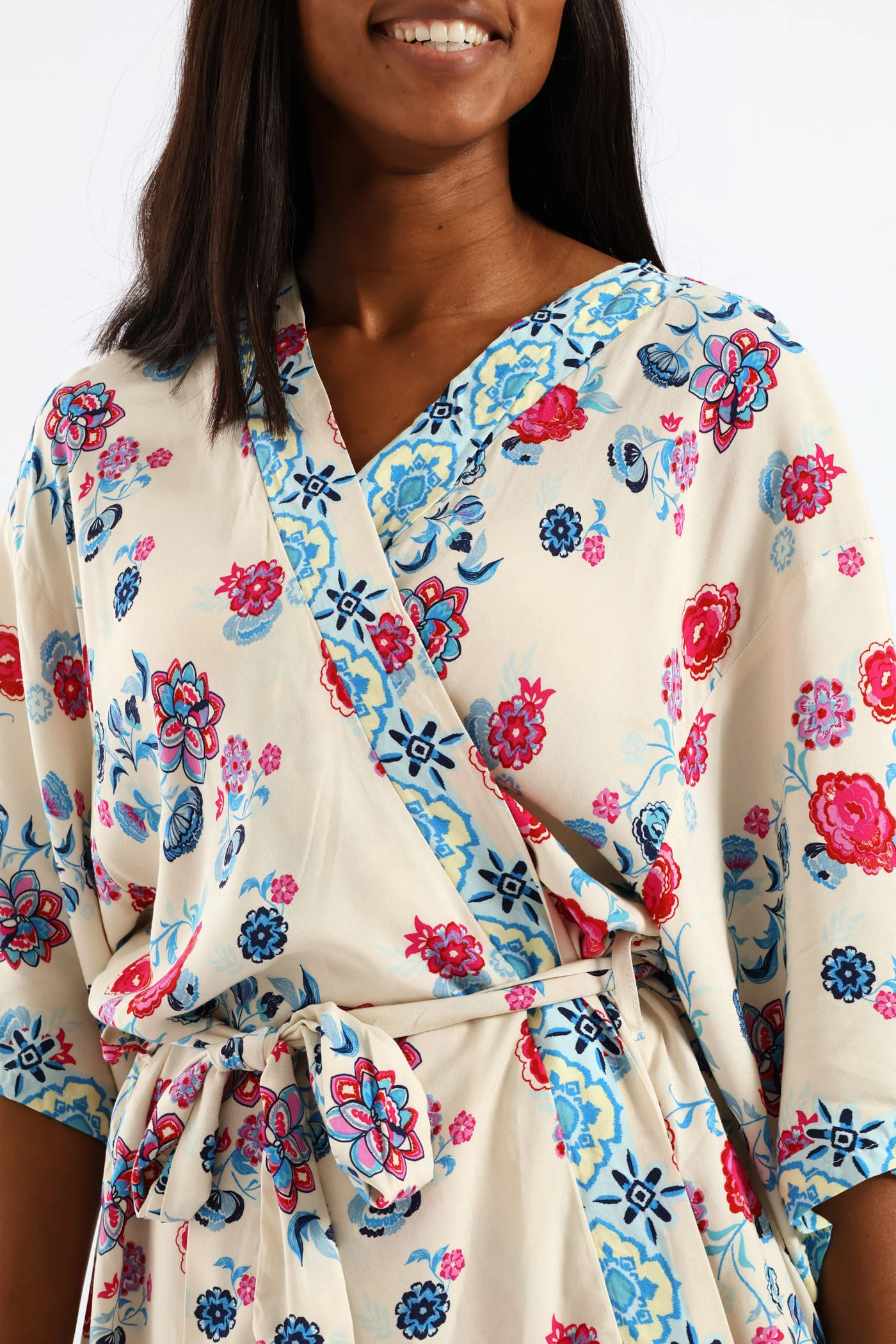 Tropical Floral Border Self Belt Kimono - Pink/Blue - Image 6