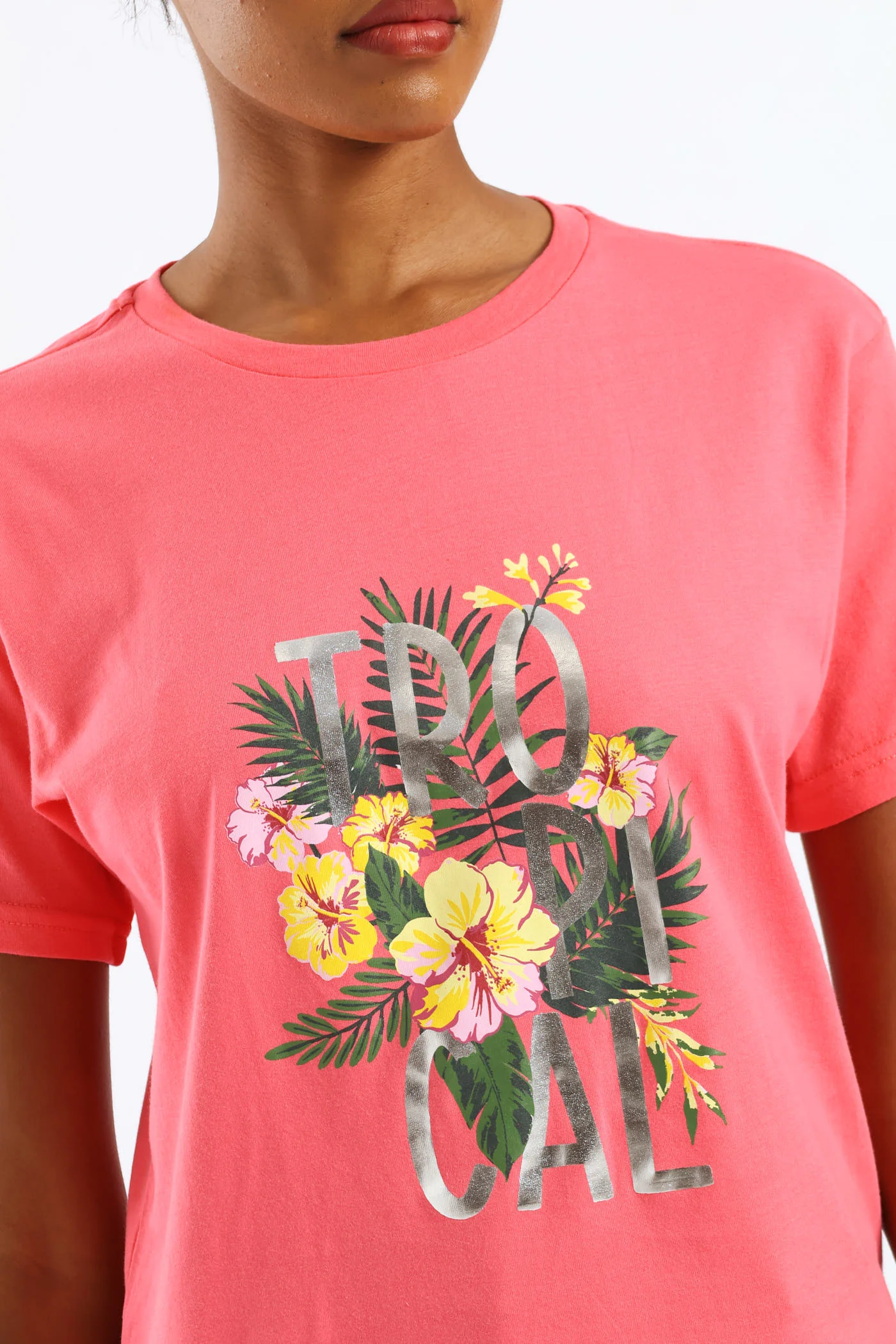 Tropical Palm Foil Tee - Bright Pink - Image 2