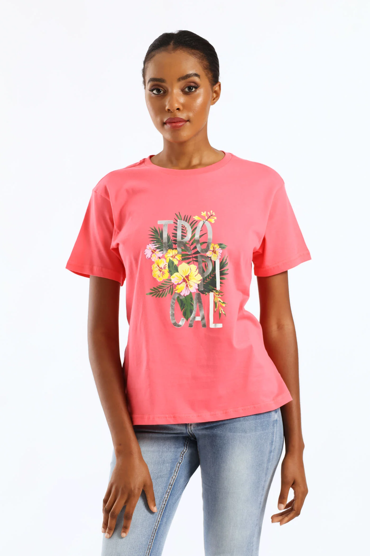 Tropical Palm Foil Tee - Bright Pink - Image 3