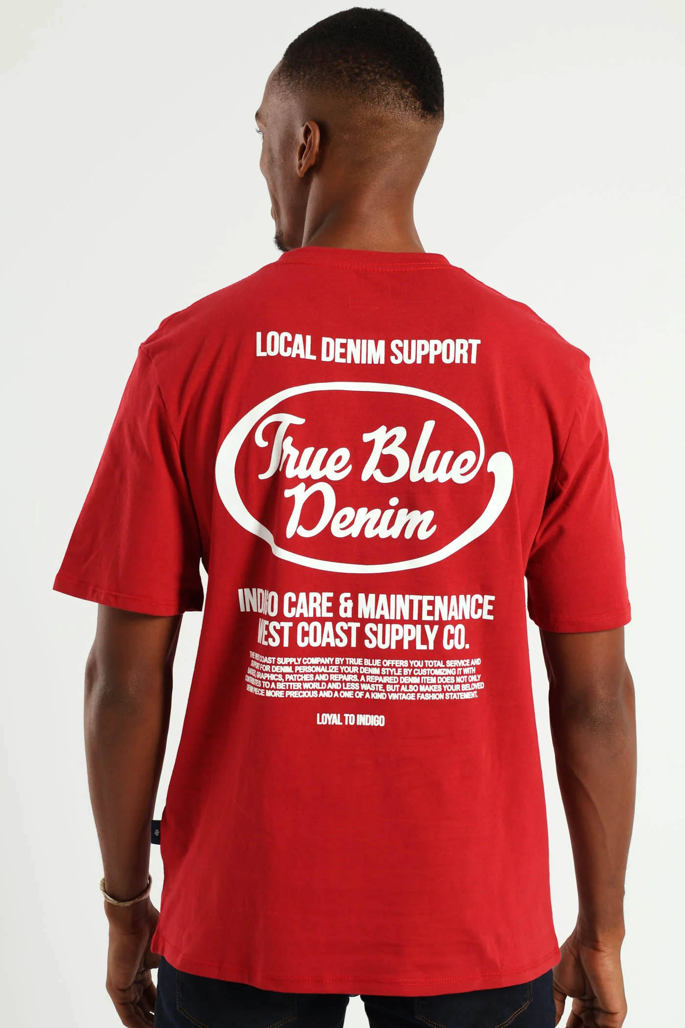 True Blue Denim Front & Back Tee - Dark Red - Image 2