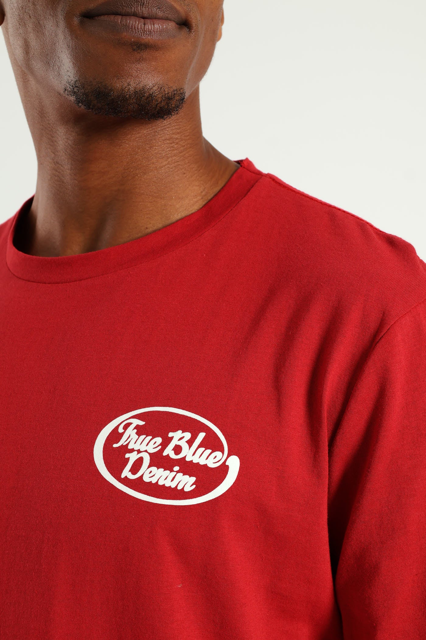 True Blue Denim Front & Back Tee - Dark Red - Image 4