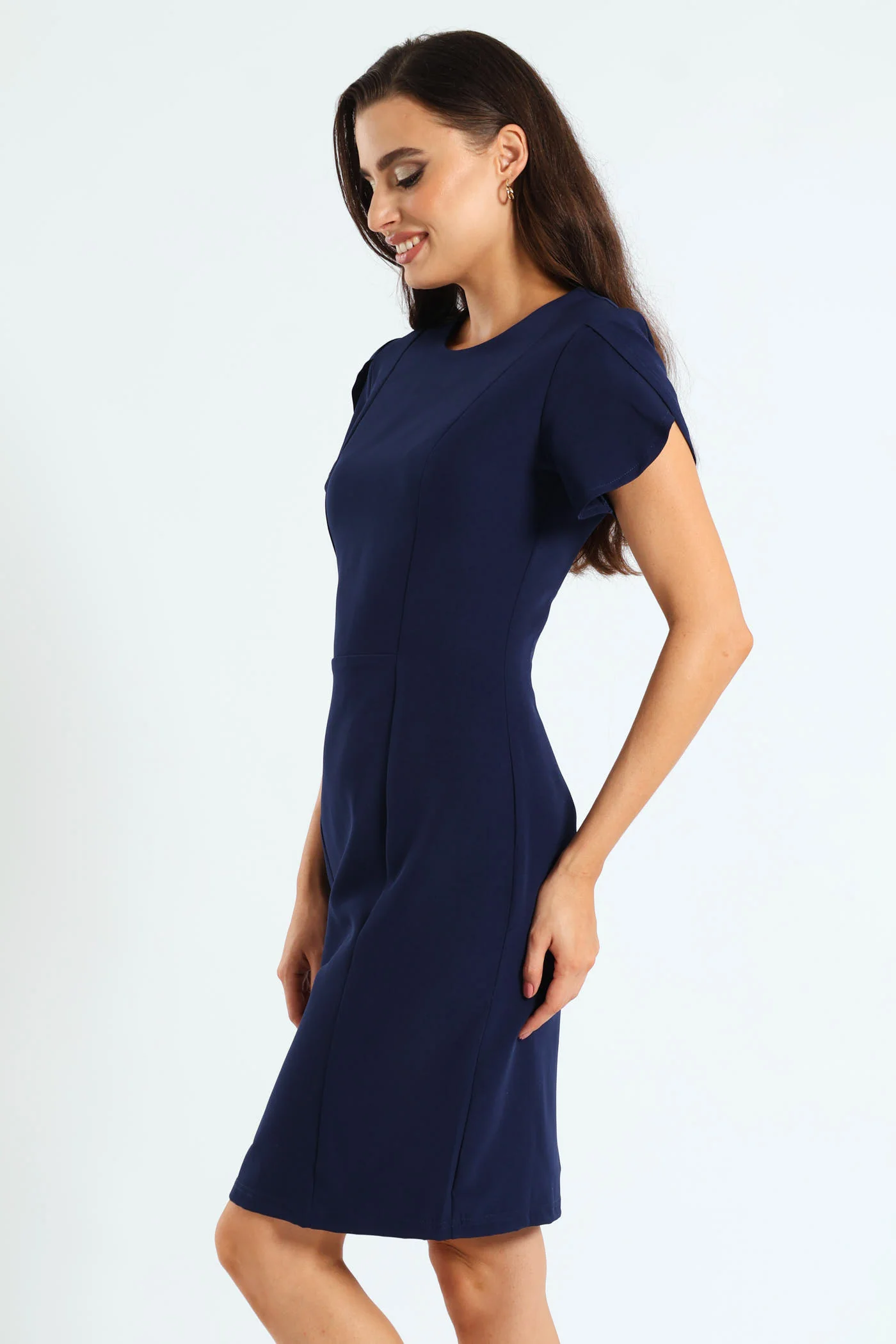 Tulip Sleeve Pencil Dress - Navy - Image 2