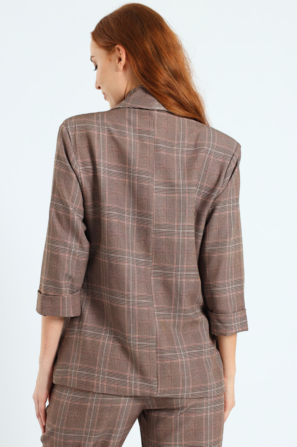 Turn Up Check Sleeve Blazer - Brown - Image 3