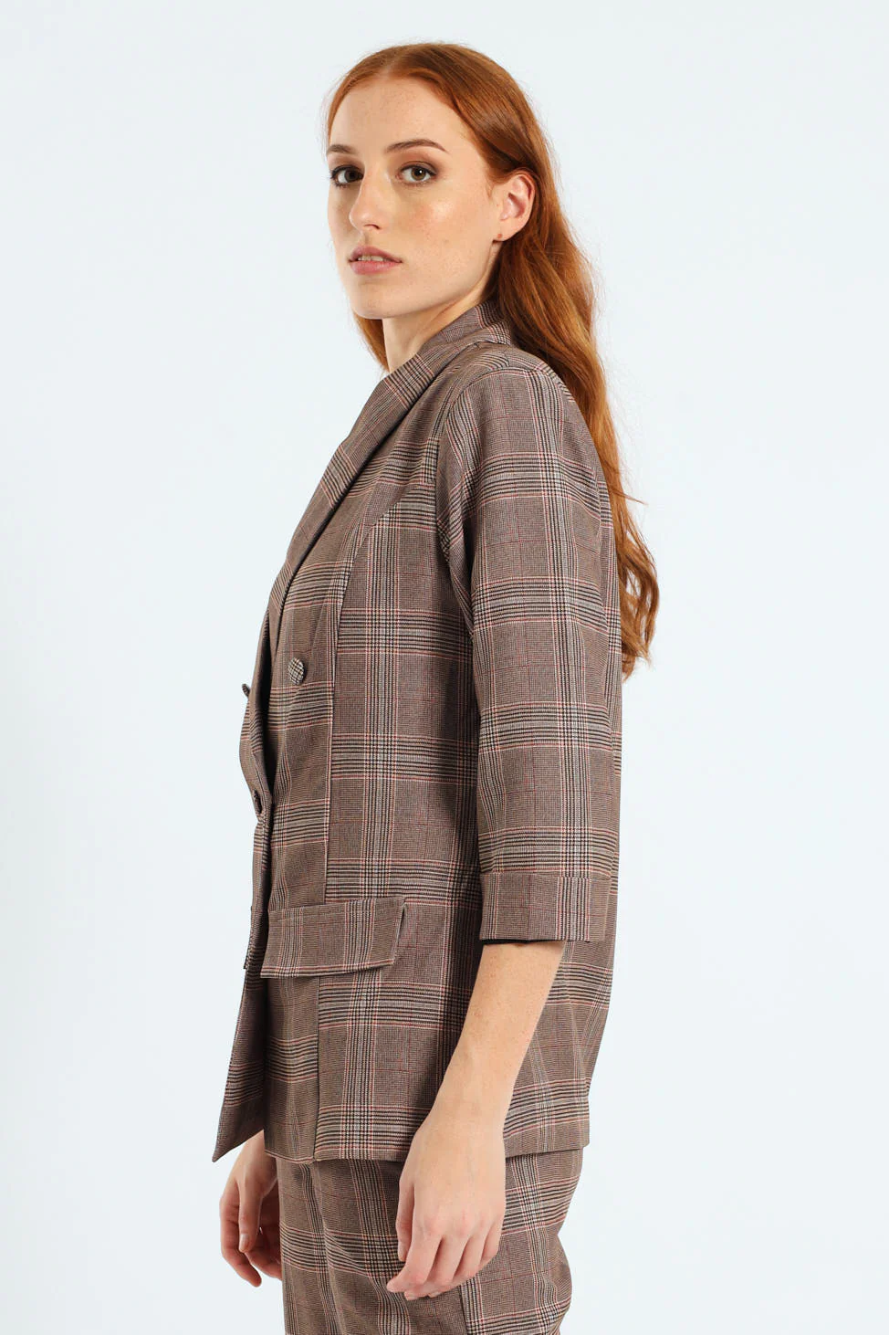 Turn Up Check Sleeve Blazer - Brown - Image 4