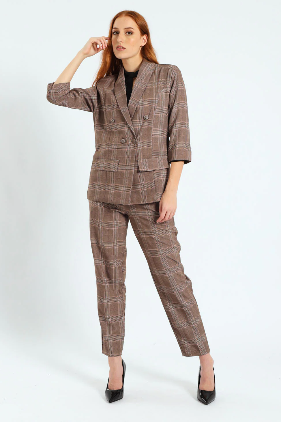 Turn Up Check Sleeve Blazer - Brown - Image 5
