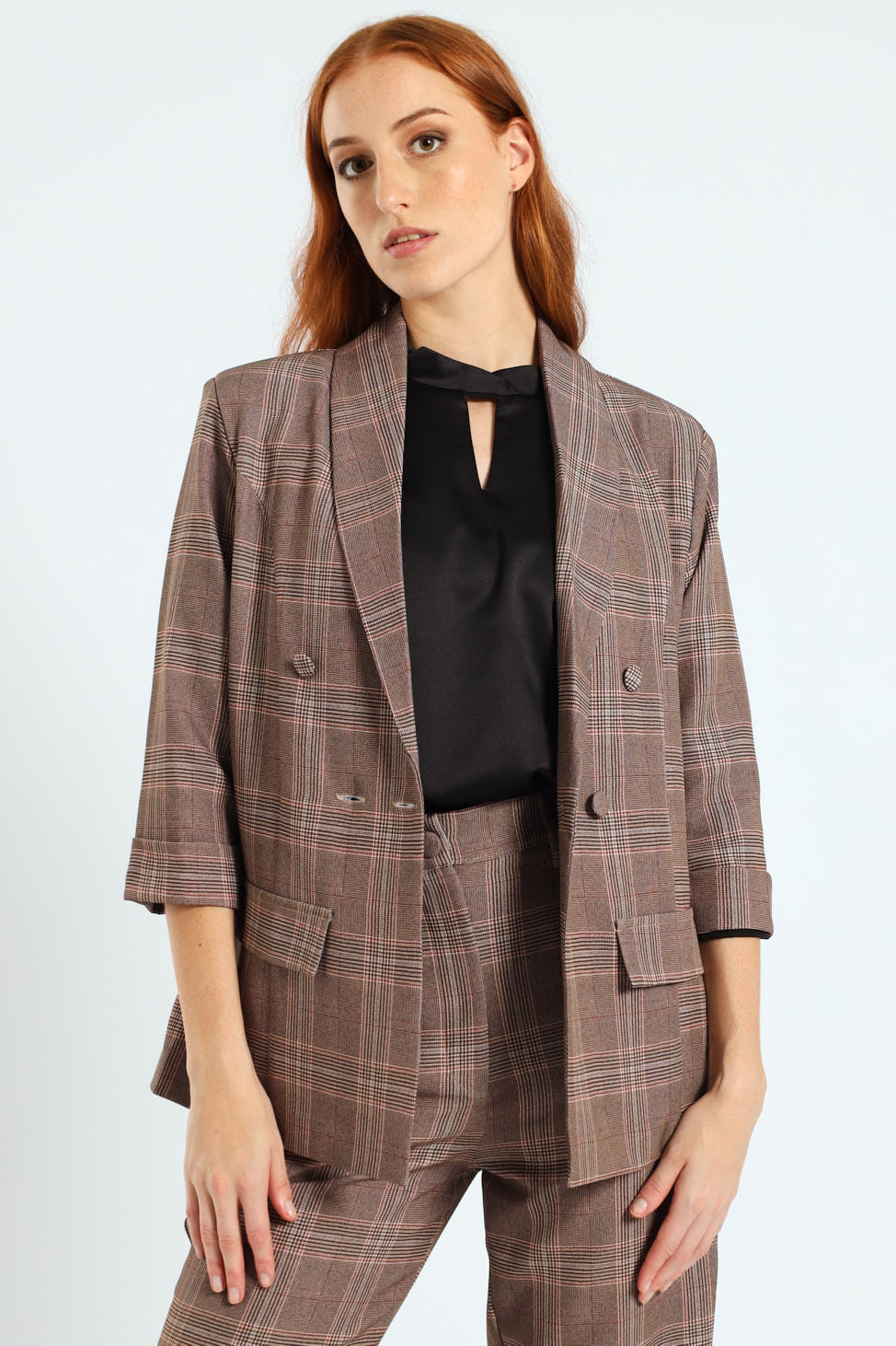 Turn Up Check Sleeve Blazer - Brown - Image 6