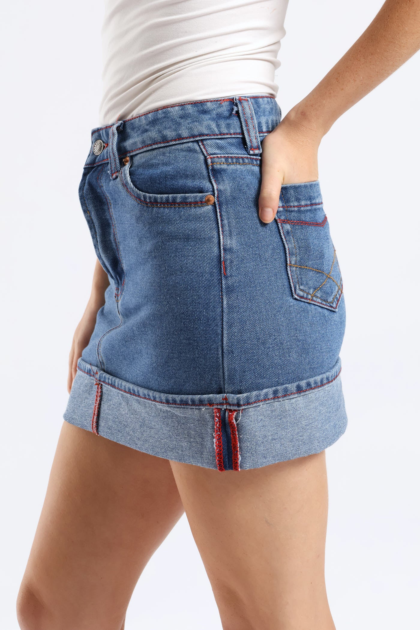Turn Up Denim Mini Skirt - Salty Mid Wash - Image 3