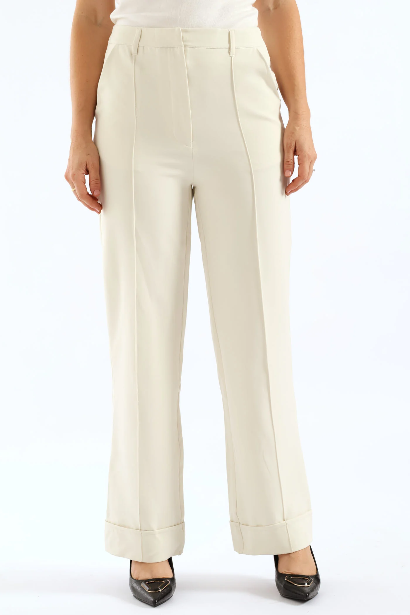 Turn Up Hem Pintuck Straight Leg Pant - Cream - Image 2
