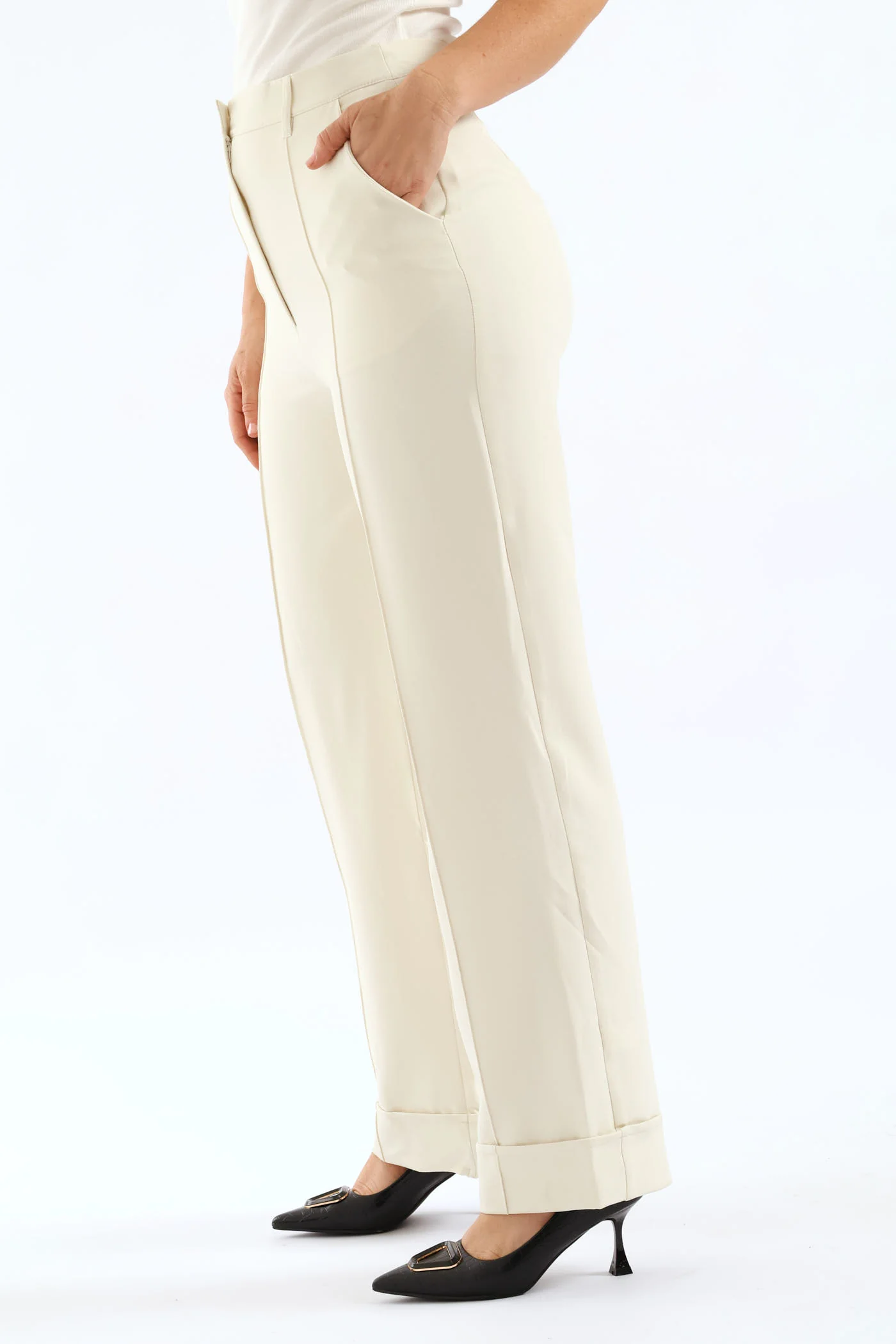 Turn Up Hem Pintuck Straight Leg Pant - Cream - Image 6