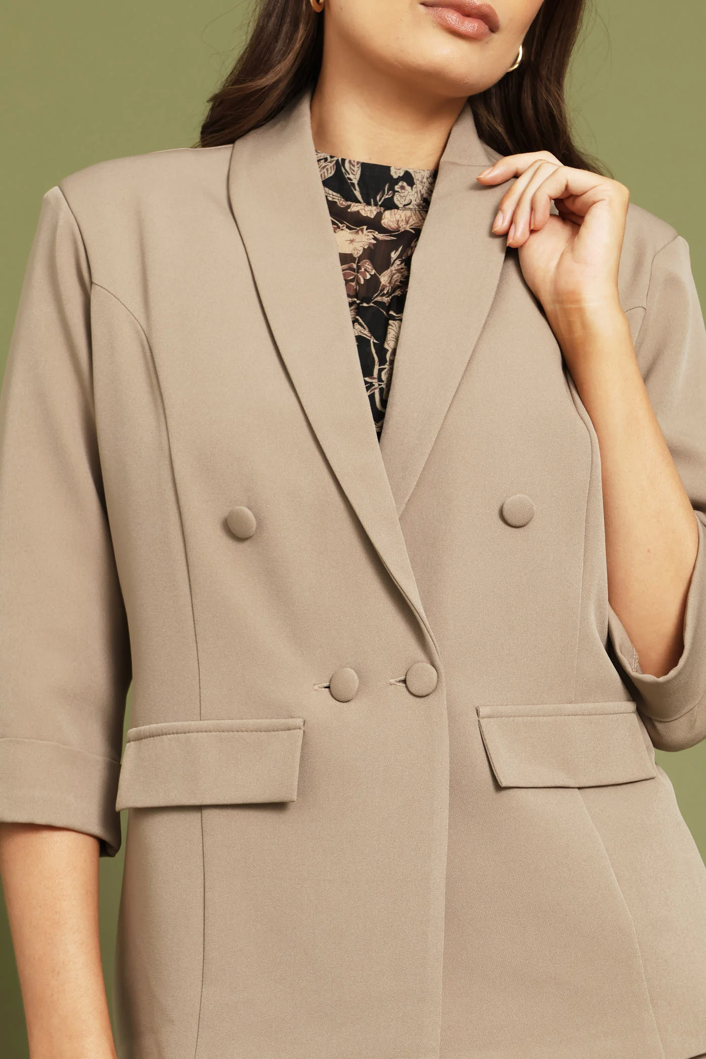 Turn Up Long Sleeve Blazer - Taupe - Image 3