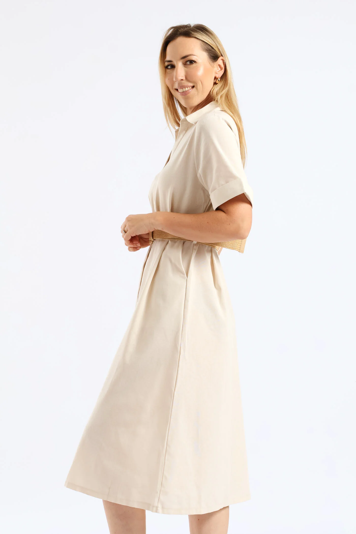 Turn Up Sleeve Raffia Belted Linen Midi Shirt Dress - Stone - Image 4
