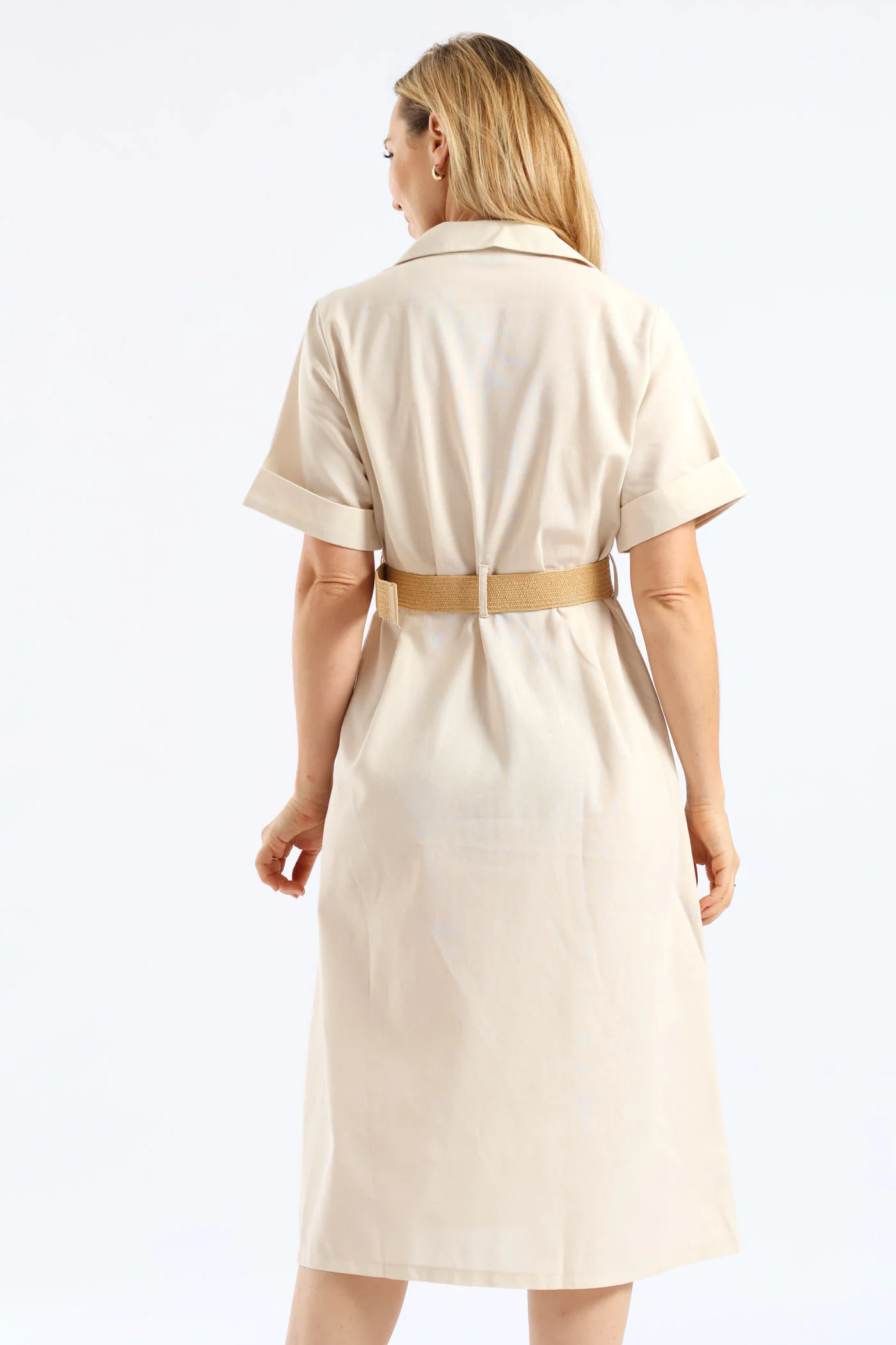 Turn Up Sleeve Raffia Belted Linen Midi Shirt Dress - Stone - Image 5