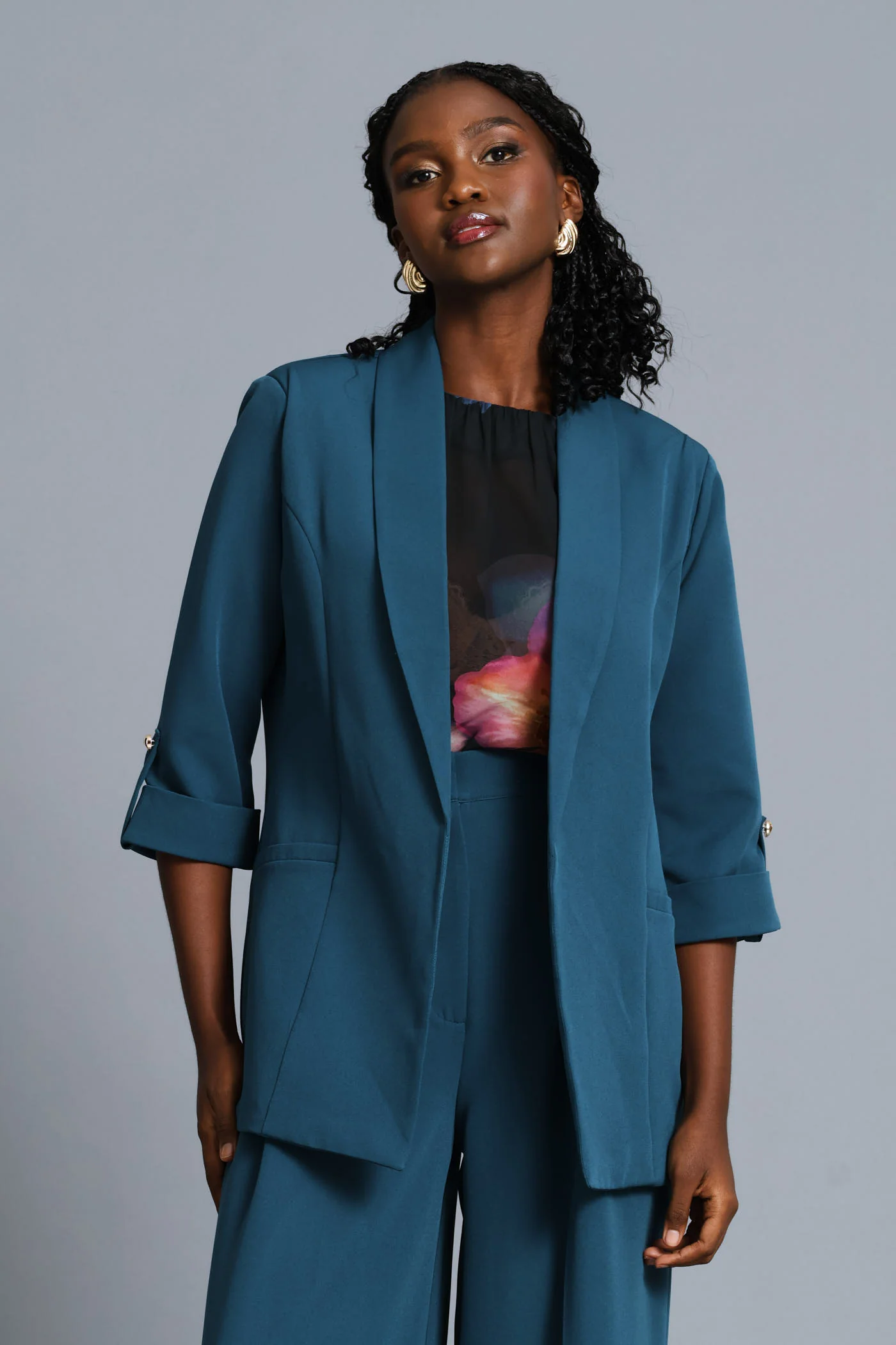 Turn Up Sleeve Welt Pocket Blazer - Teal - Image 2
