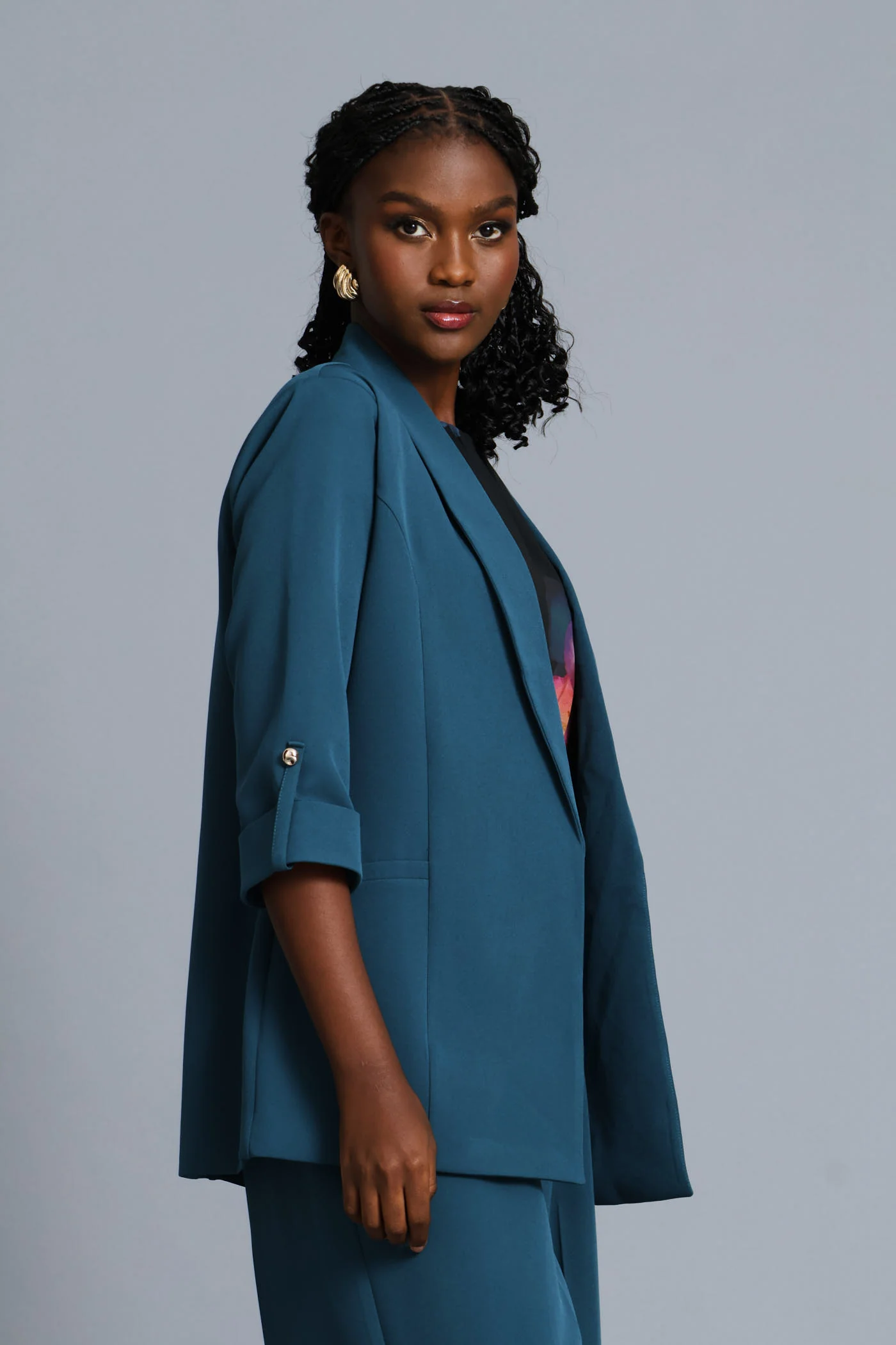 Turn Up Sleeve Welt Pocket Blazer - Teal - Image 4