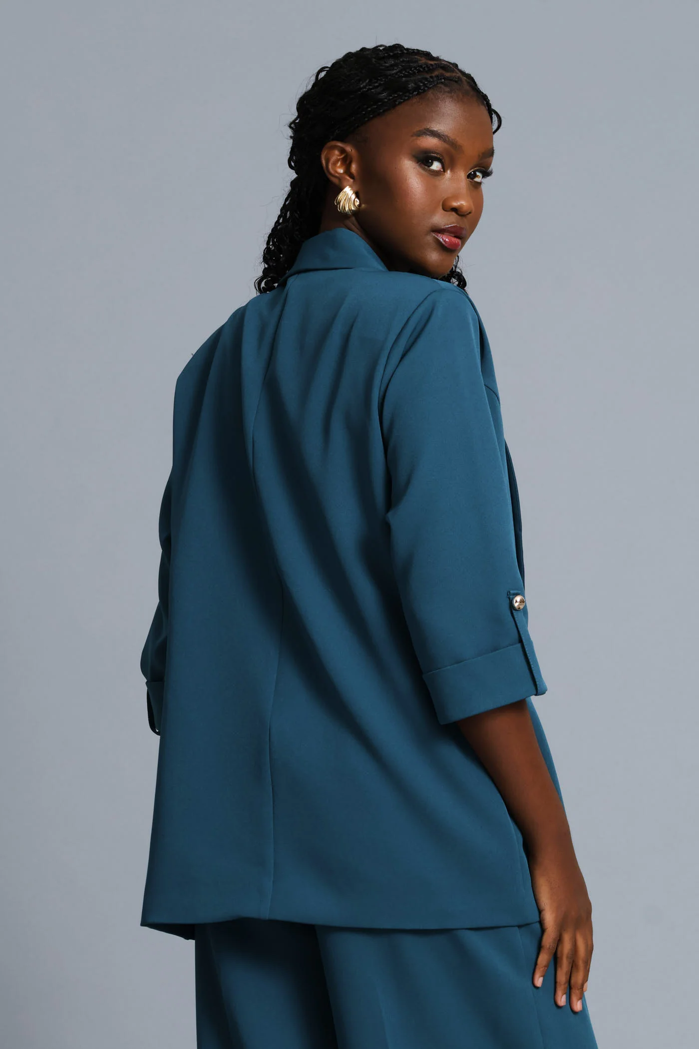 Turn Up Sleeve Welt Pocket Blazer - Teal - Image 5