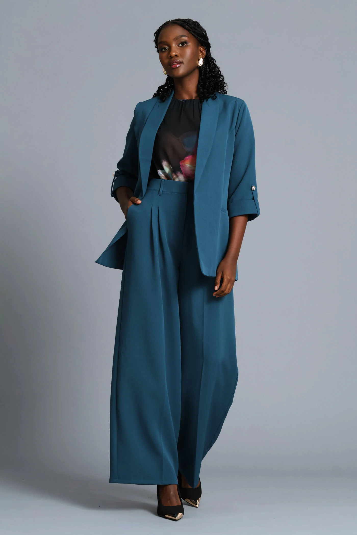 Turn Up Sleeve Welt Pocket Blazer - Teal - Image 6