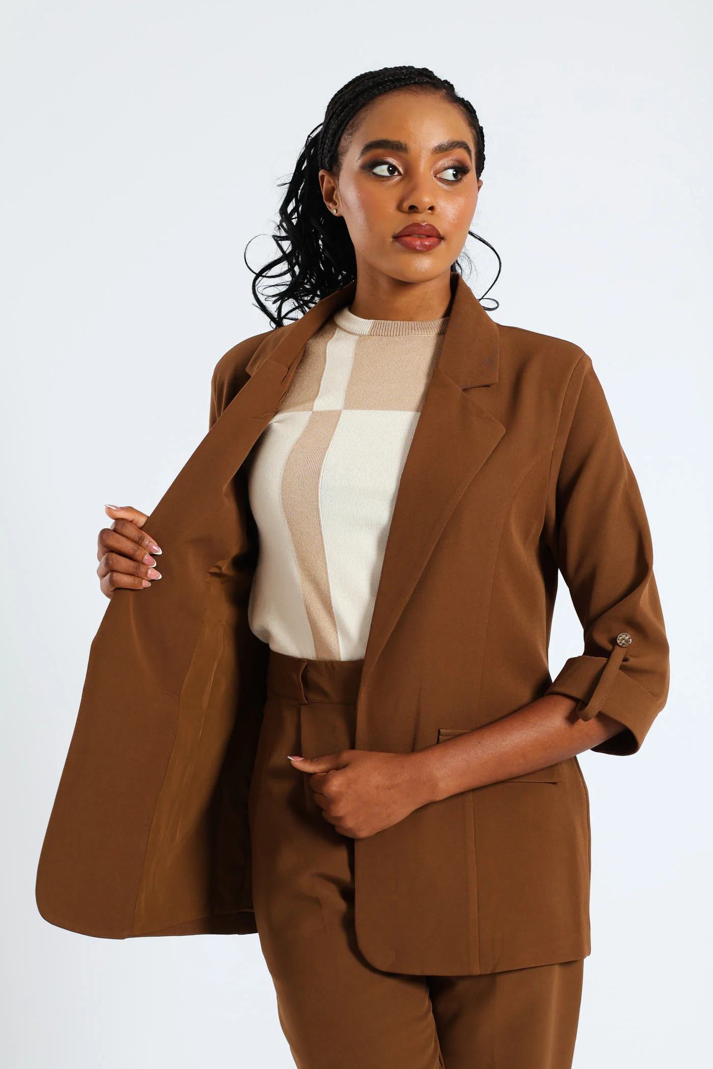 Turn Up Tab Notch Collar Blazer - Brown - Image 2
