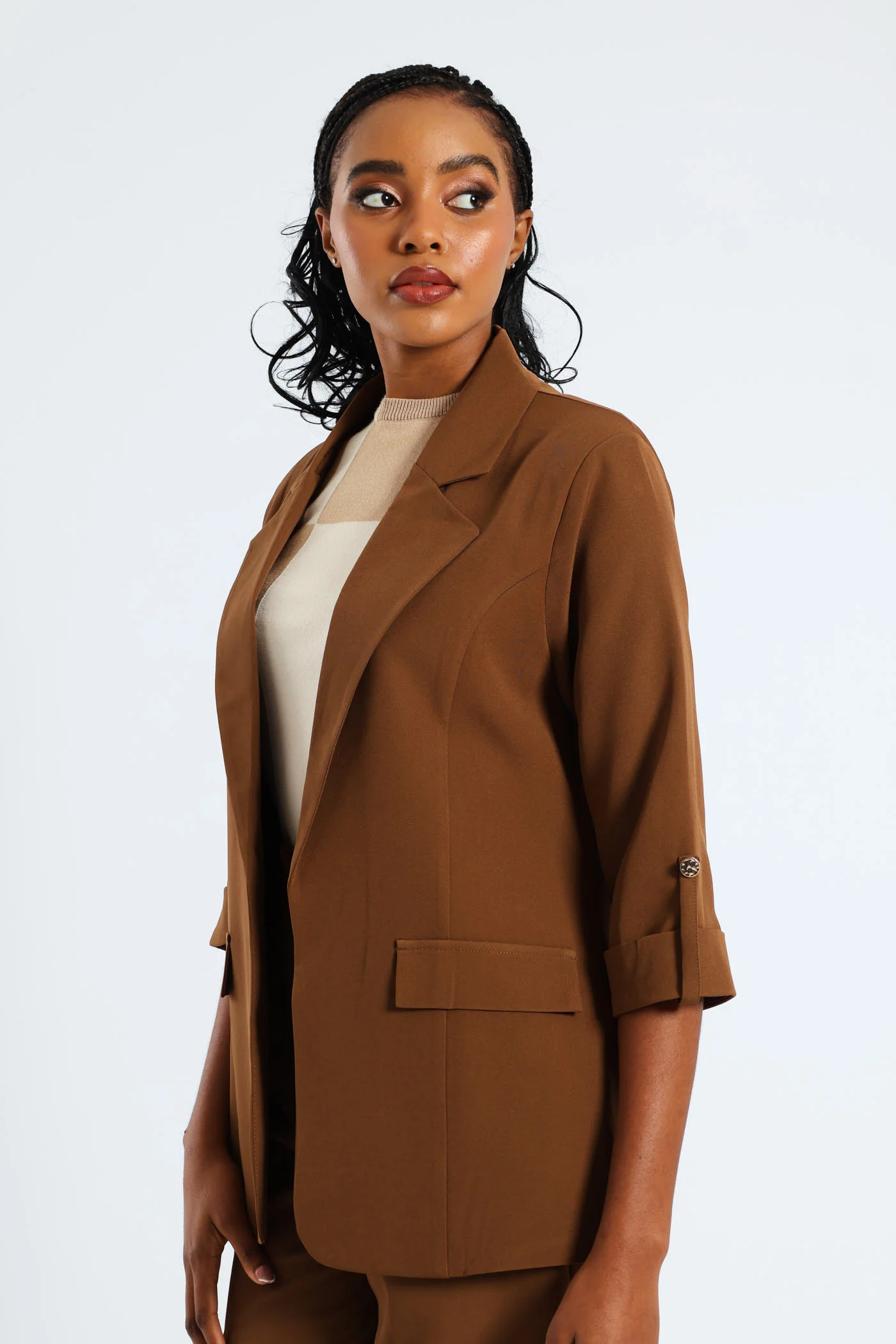 Turn Up Tab Notch Collar Blazer - Brown - Image 3