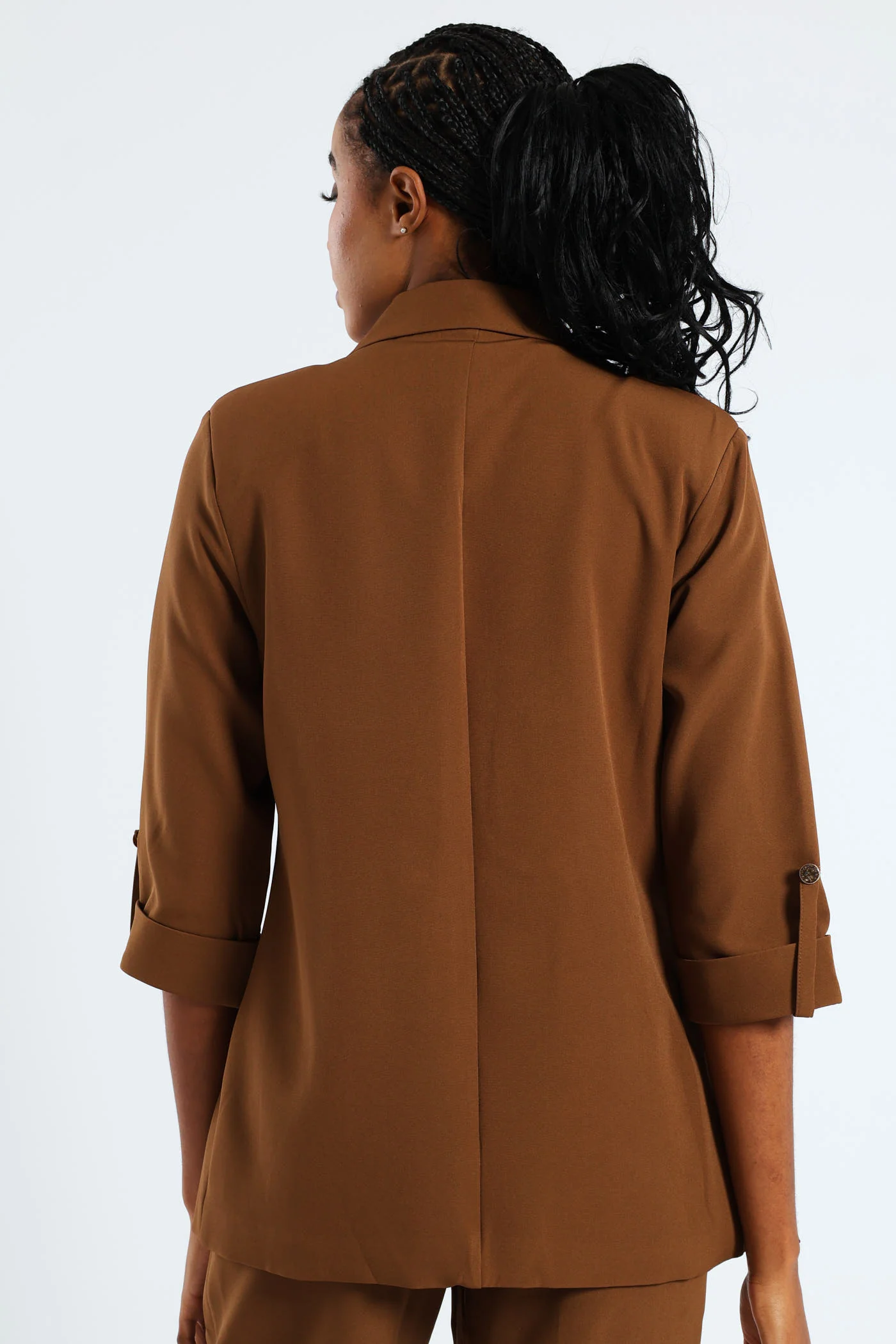 Turn Up Tab Notch Collar Blazer - Brown - Image 4
