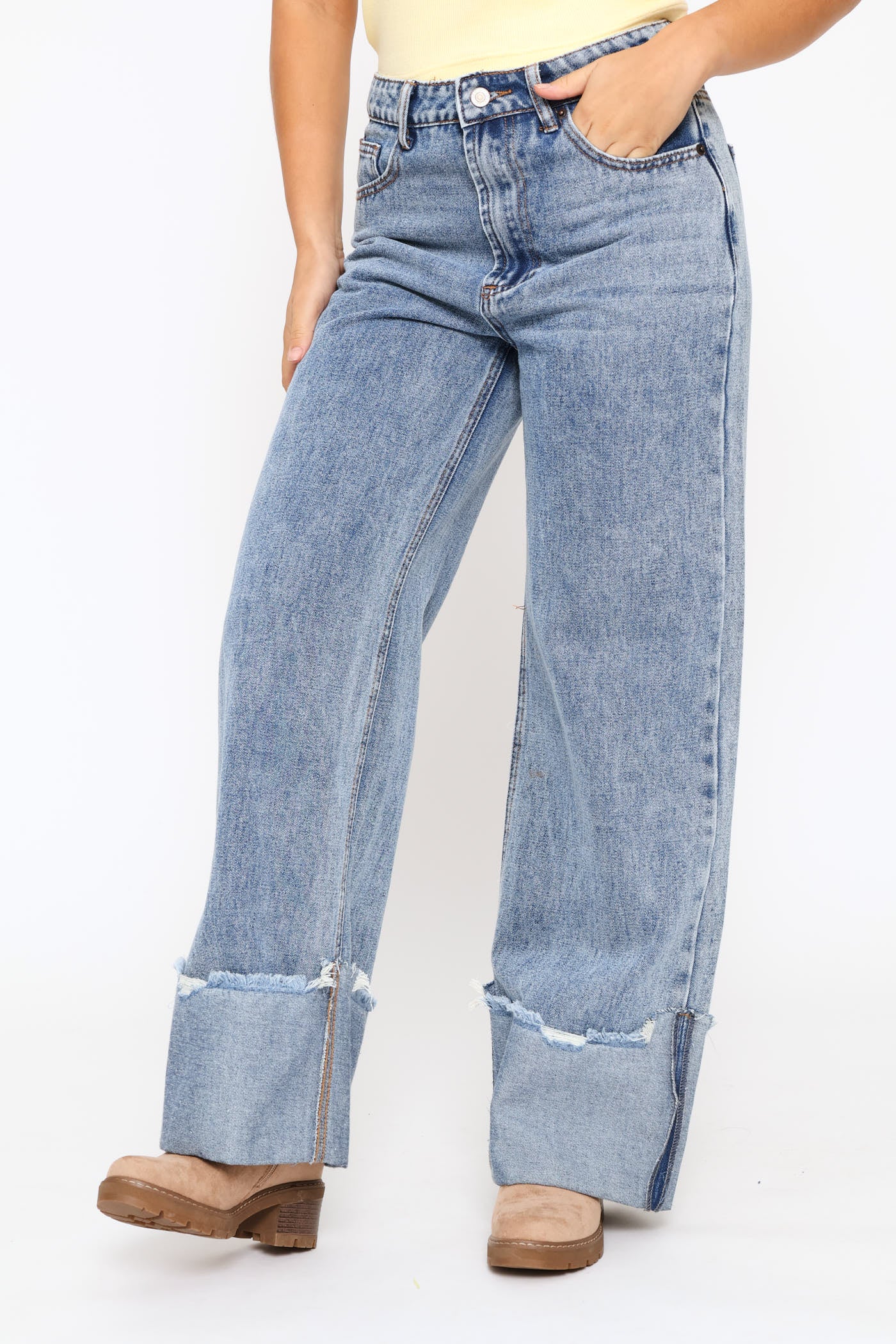 Turn Up Wide Leg Denim - Salty Mid Wash - Image 5