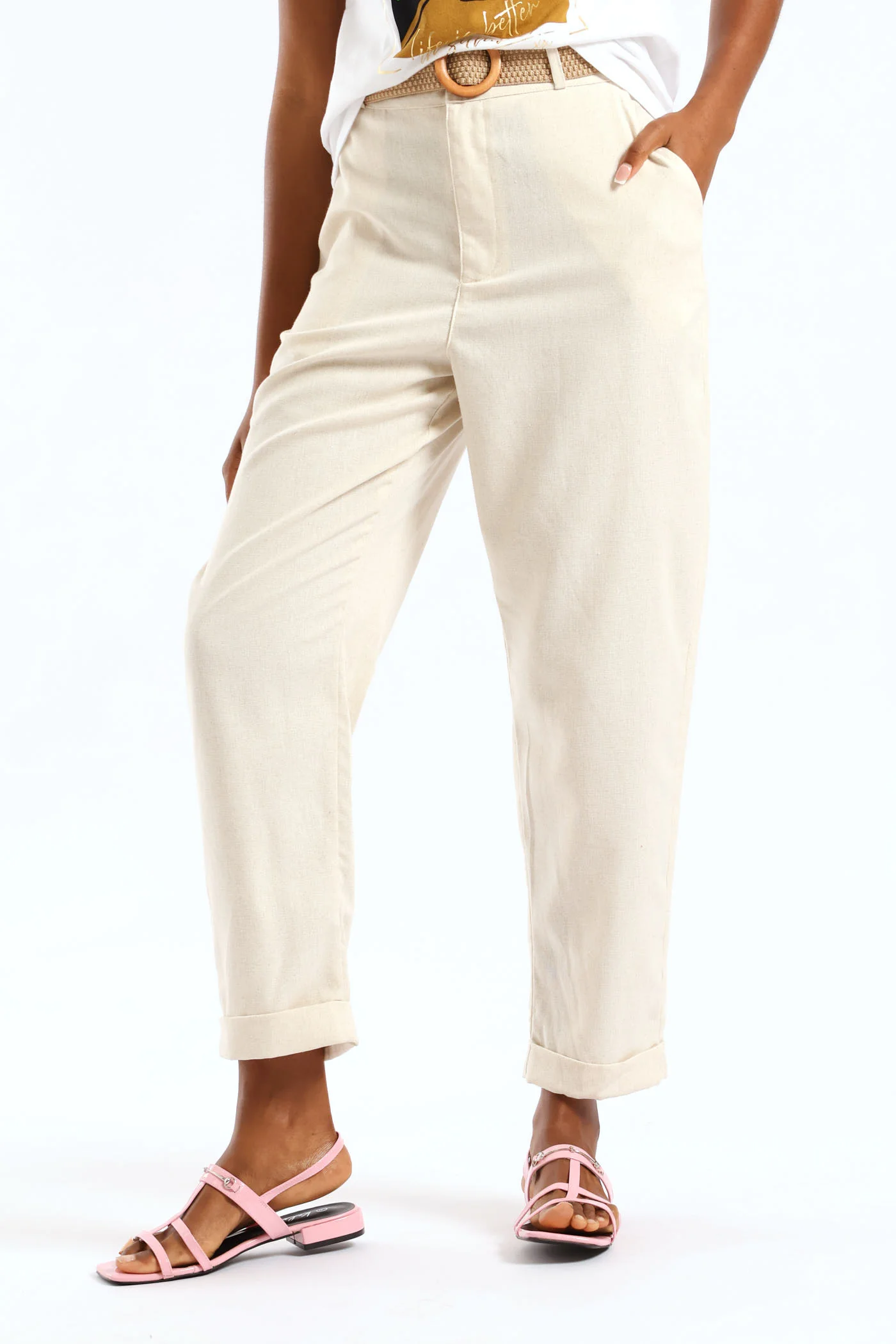 Turnup Detail Raffia Belted Tapered Trouser - Oatmeal Melange - Image 2