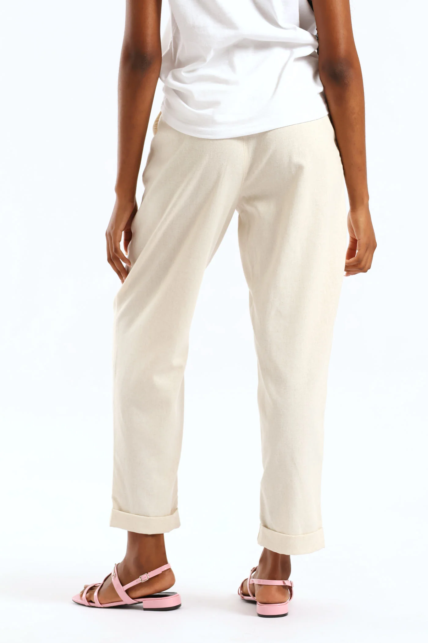 Turnup Detail Raffia Belted Tapered Trouser - Oatmeal Melange - Image 3