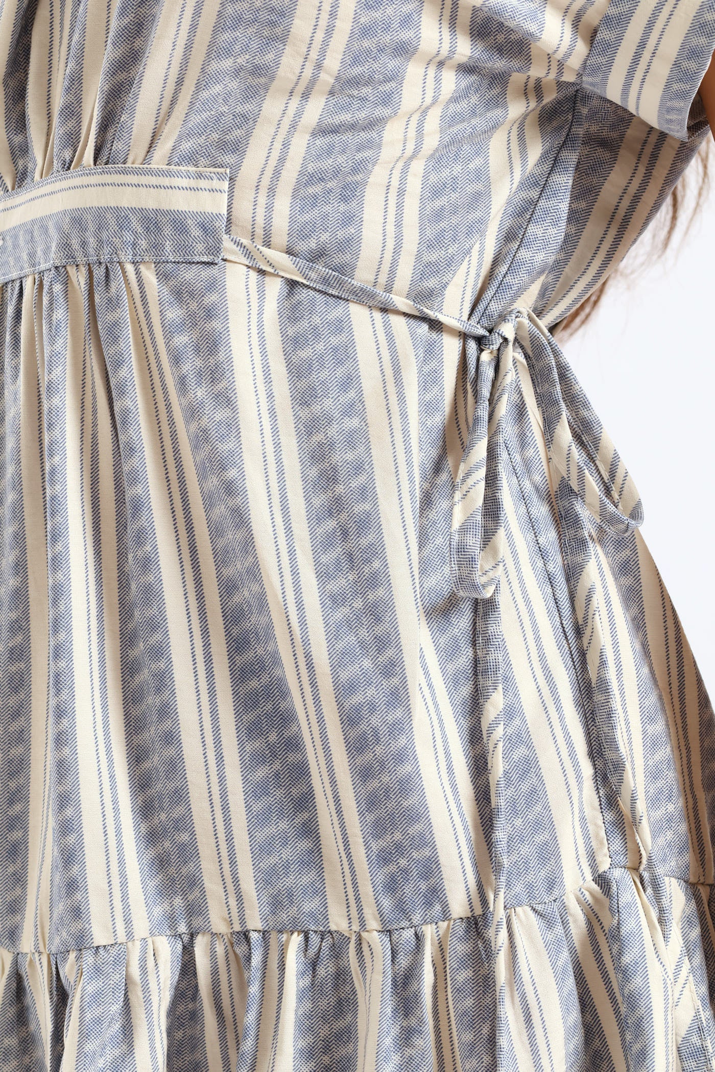Turnup Sleeve Drawstring Waist Tiered Mini Dress - Cream/Blue - Image 2