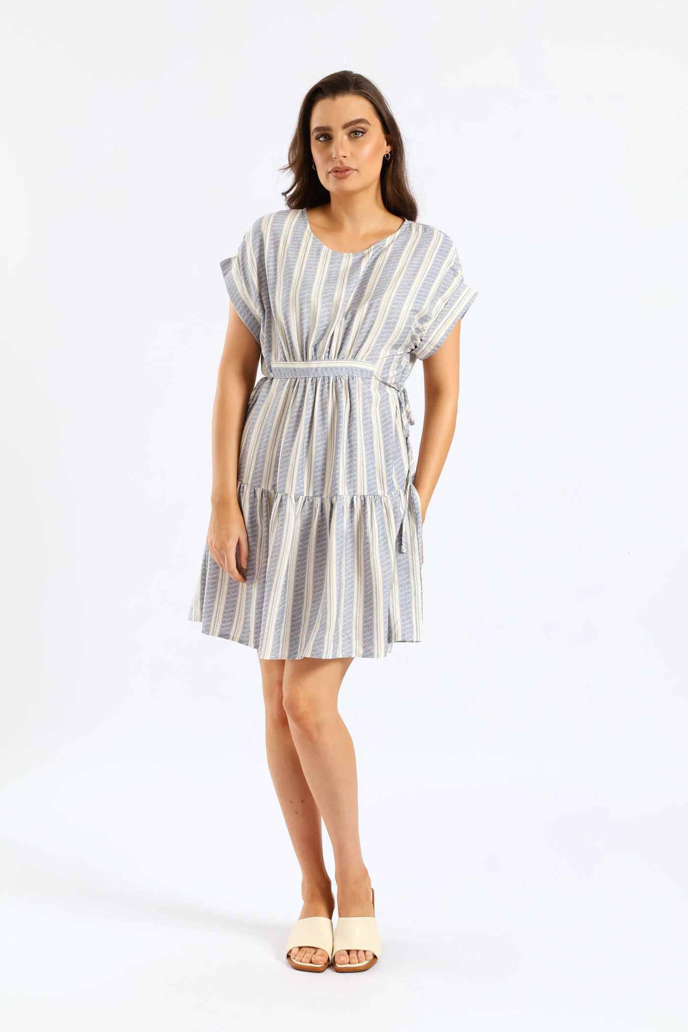 Turnup Sleeve Drawstring Waist Tiered Mini Dress - Cream/Blue - Image 3