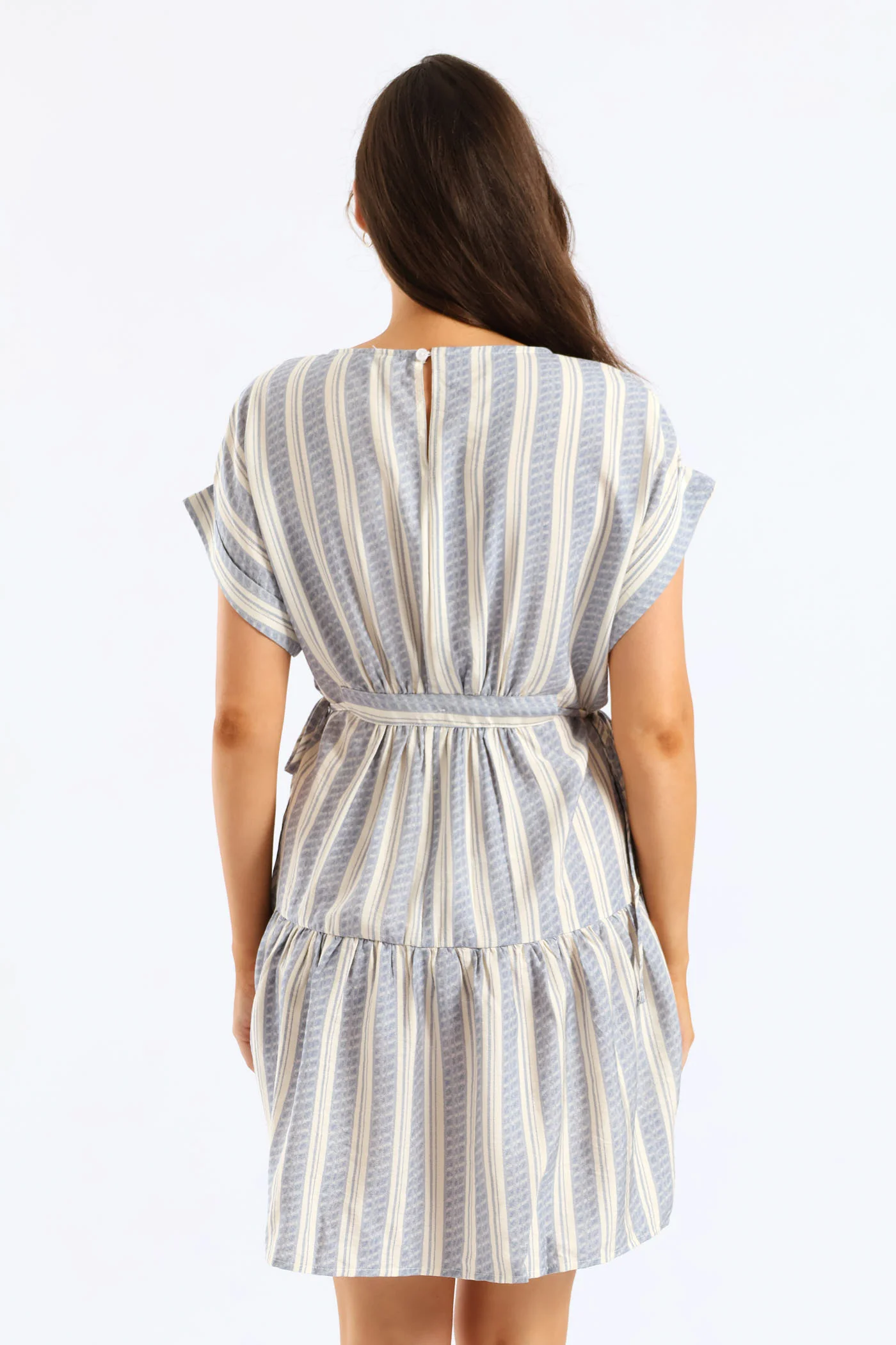 Turnup Sleeve Drawstring Waist Tiered Mini Dress - Cream/Blue - Image 4