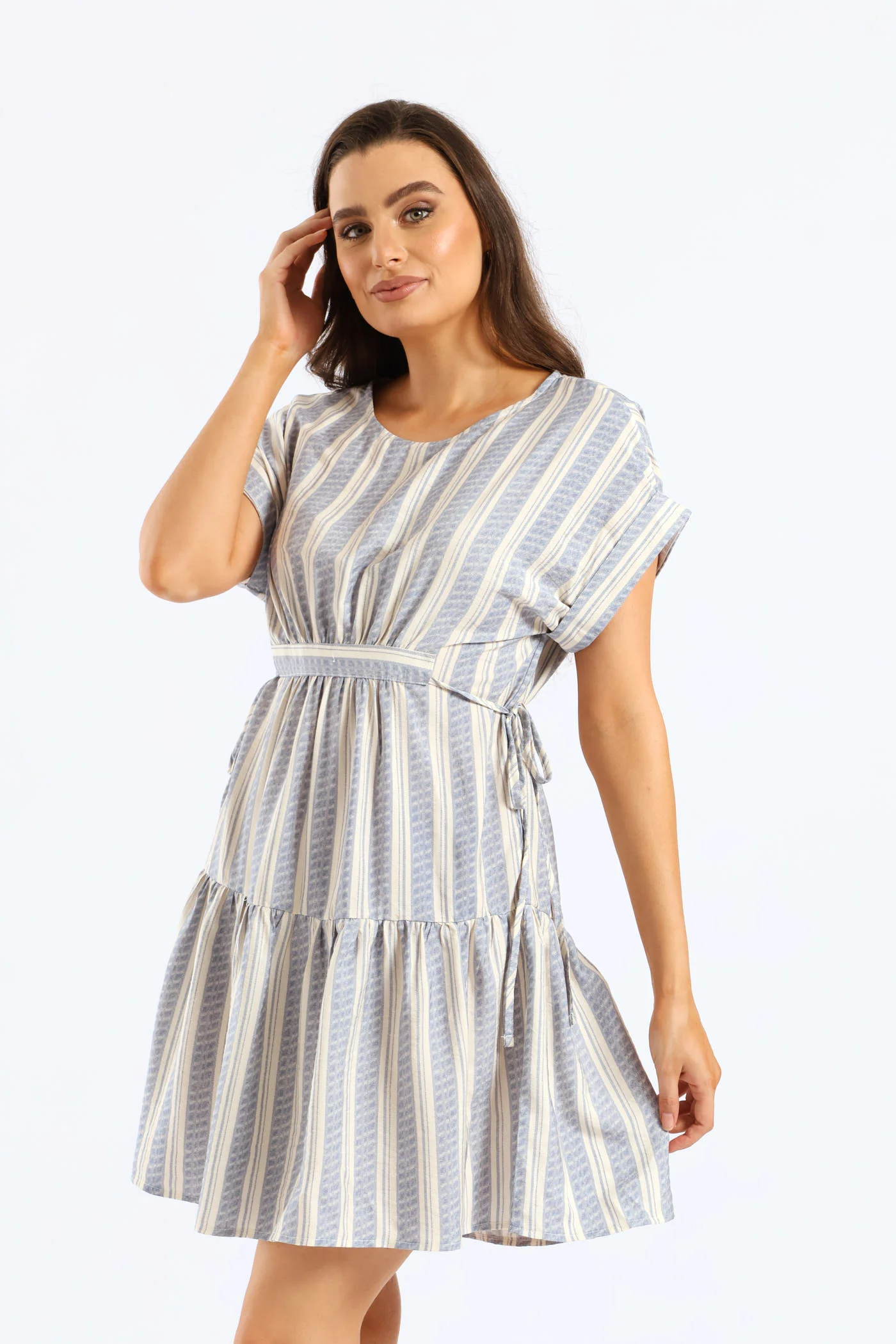 Turnup Sleeve Drawstring Waist Tiered Mini Dress - Cream/Blue - Image 5