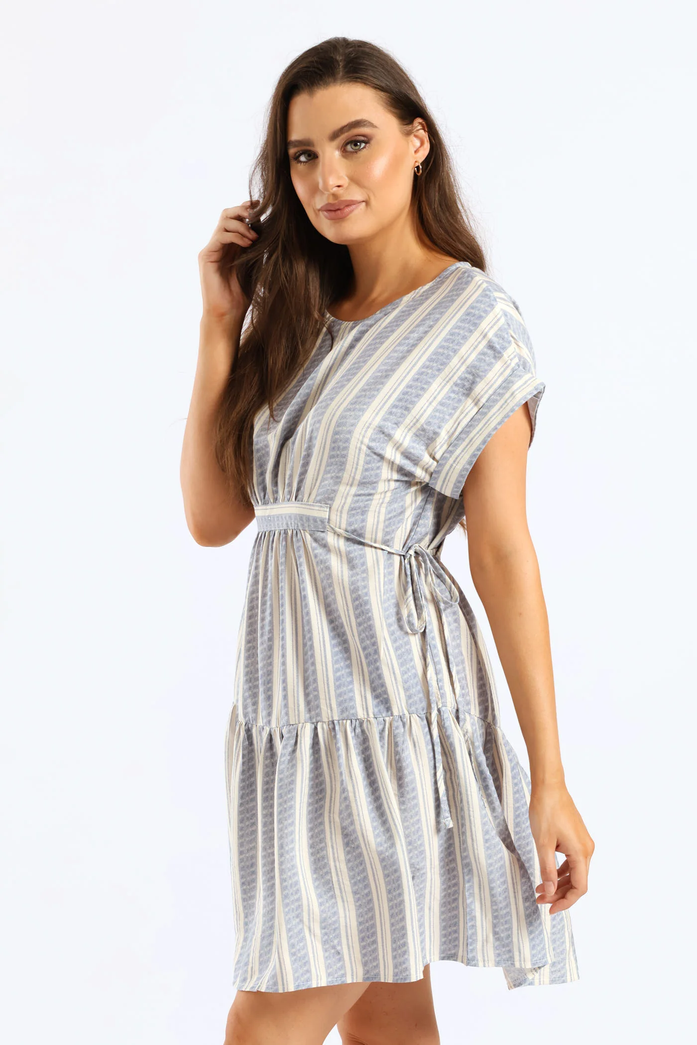 Turnup Sleeve Drawstring Waist Tiered Mini Dress - Cream/Blue - Image 6