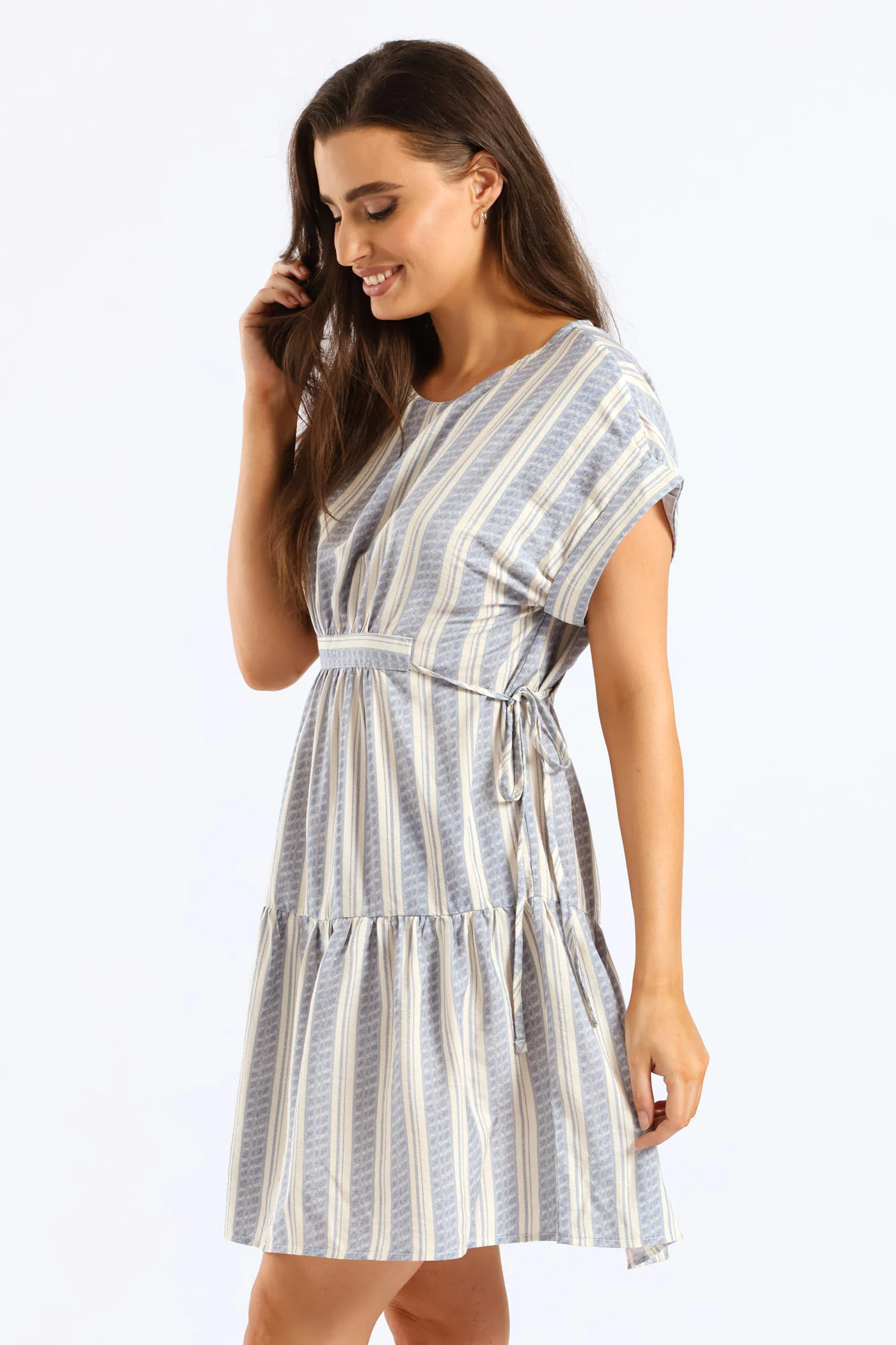 Turnup Sleeve Drawstring Waist Tiered Mini Dress - Cream/Blue - Image 7