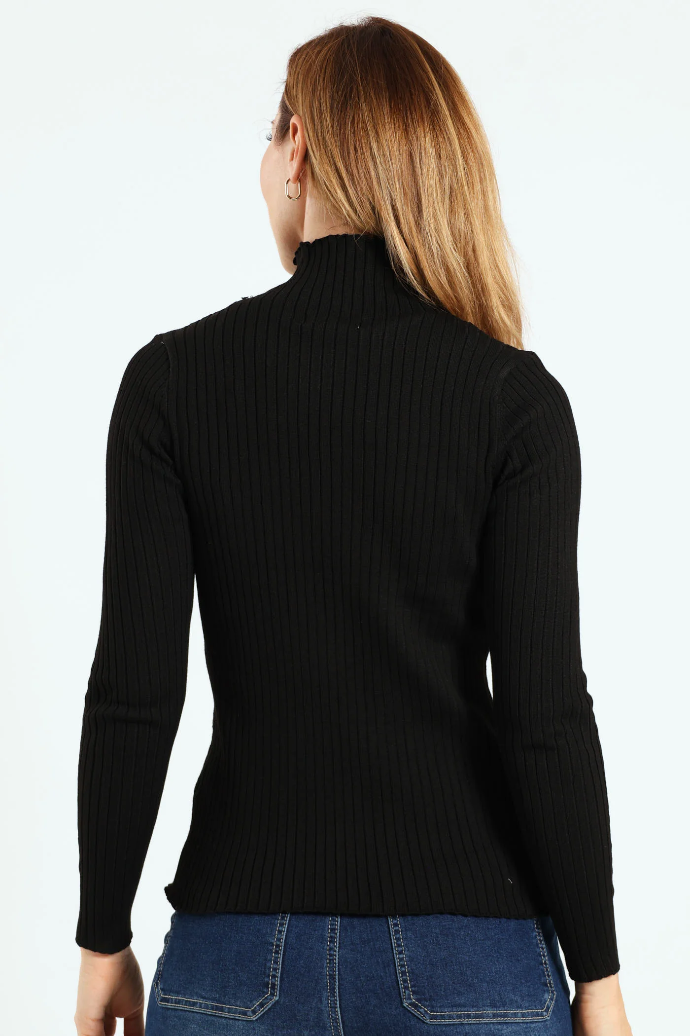 Turtleneck Pointelle Cable Stitch Pullover - Black - Image 3