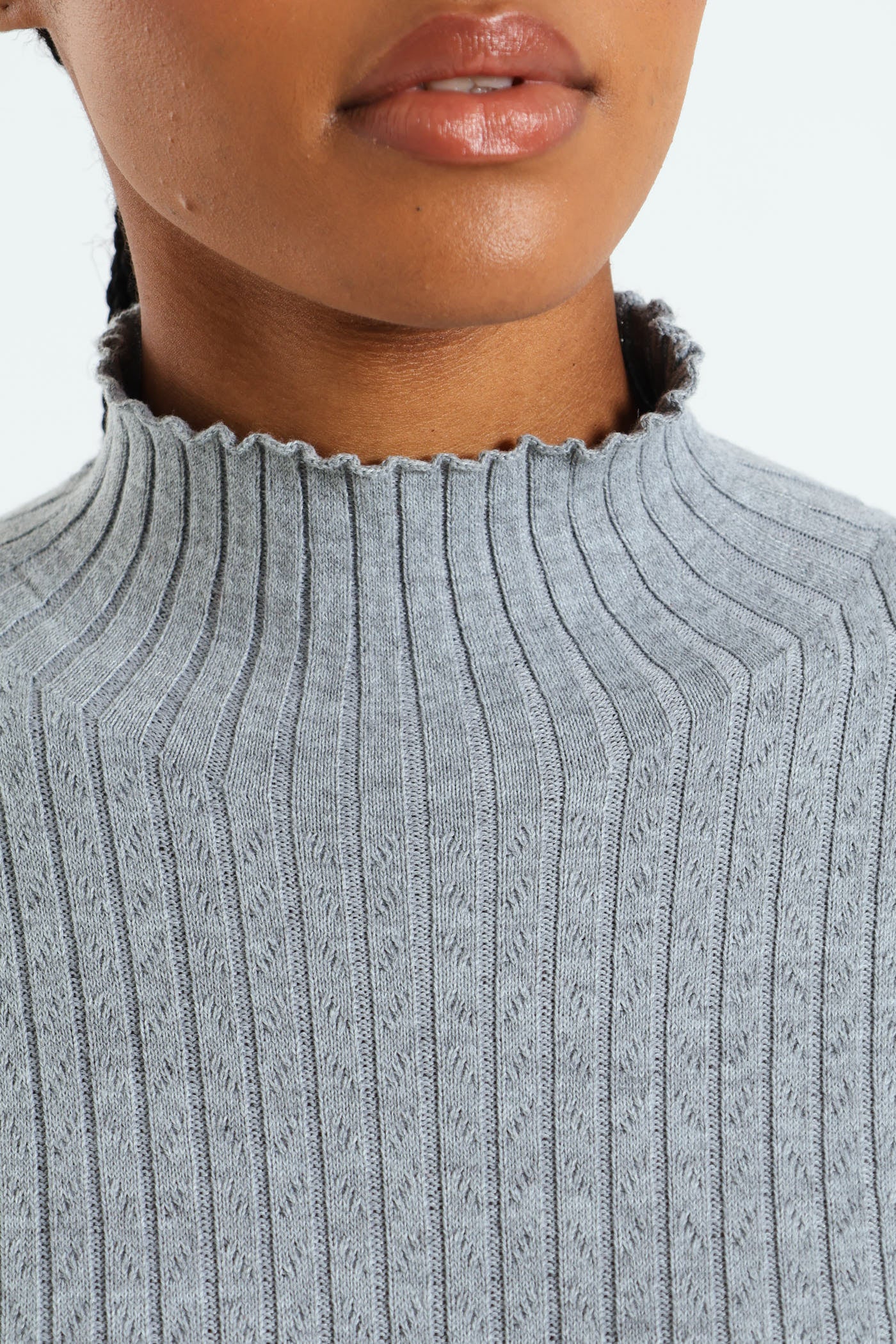 Turtleneck Pointelle Cable Stitch Pullover - Grey - Image 2